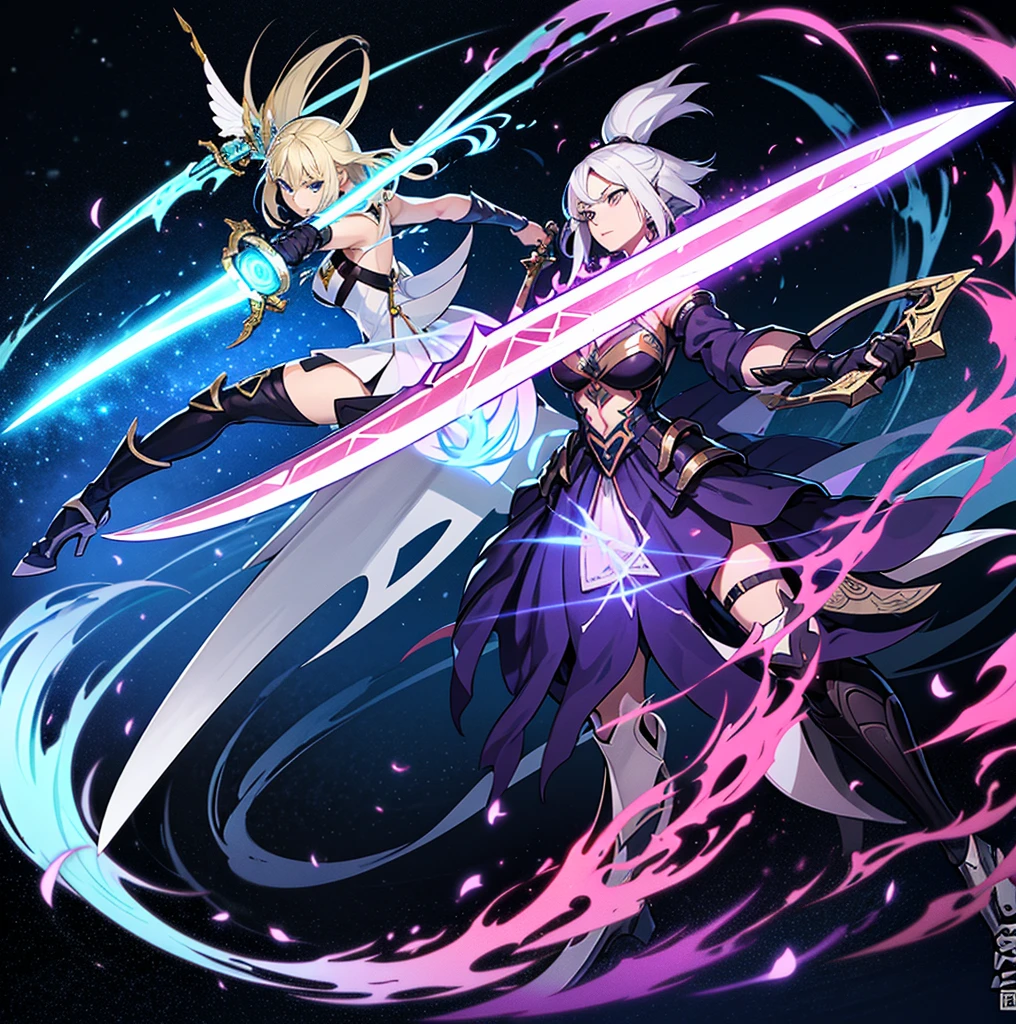 there is a cartoon image of a woman holding a sword, wielding a magical sword, brandishing powerful sword, brandishing cosmic weapon, dramatic wielding sword pose, [ digital art ]!!, brandishing futuristic sword, brandishing a powerful sword, magical sword, holographic blade!, digital art!!, dual wielding two magical swords, with large sword
