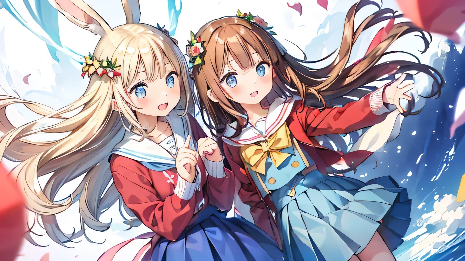 masterpiece,best quality,High resolution,2 girls,big,Long brown hair,wreath on head,bow hair,Red shirt,White sailor collar,white scarf,pleated skirt,Blue skirt,Smile,masterpiece,best quality,high resolution,Blue skirt,white rabbit ears,long blond hair,bow hair,Red shirt,White sailor collar,white scarf,pleated skirt,Blue skirt,open mouth,Waved,Smile,