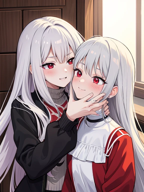 red eyes,details:1.5,(best quality,8k,highres,masterpiece:1.2),ultra-detailed, Foxy boy:1.1, with grey hair,evils smile,casual clothes,Foxy girl:1.1, with silver hair,feminine,blushing cheeks,near kiss