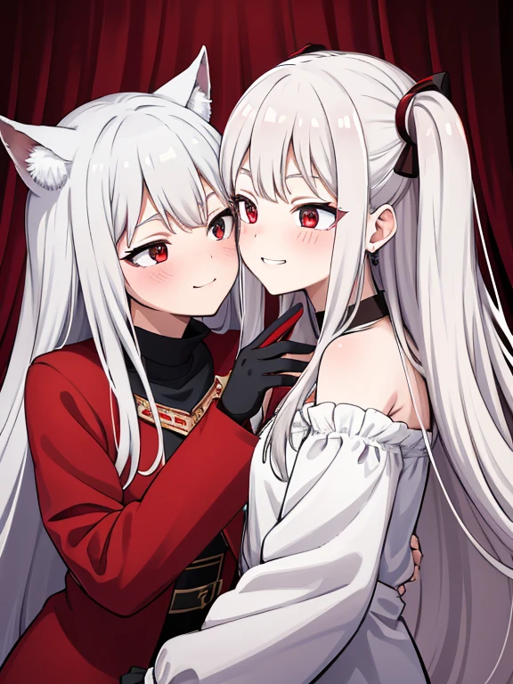 red eyes,details:1.5,(best quality,8k,highres,masterpiece:1.2),ultra-detailed, Foxy boy:1.1, with grey hair,evils smile,casual clothes,Foxy girl:1.1, with silver hair,feminine,blushing cheeks,near kiss