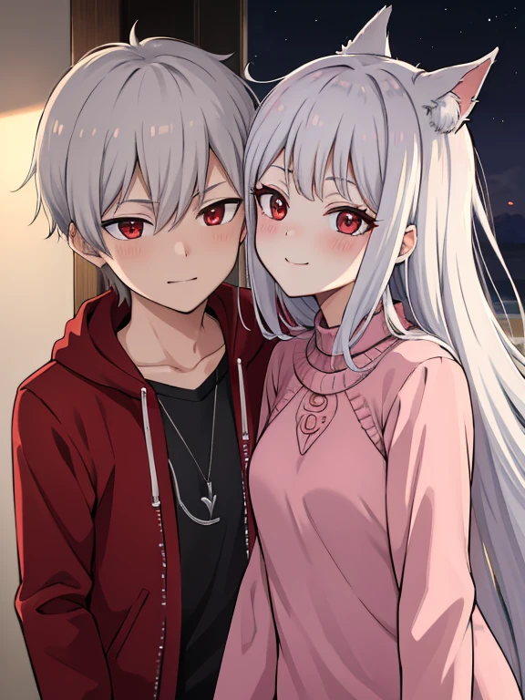 red eyes,details:1.5,(best quality,8k,highres,masterpiece:1.2),ultra-detailed, Foxy boy:1.1, with grey hair,evils smile,casual clothes,Foxy girl:1.1, with silver hair,feminine,blushing cheeks,near kiss