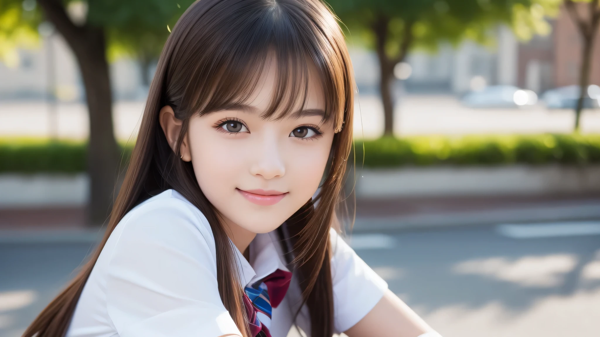 (1girls), beautiful face, Amazing face and eyes, delicate, (Best Quality:1.4), (Ultra-detailed), (extremely detailed beautiful face), (princess hair cut style), cute smile, brown eyes, (highly detailed Beautiful face), (short sleeves school uniform:1.3), (extremely detailed CG unified 8k wallpaper), Highly detailed, High-definition raw color photos, Professional Photography, Realistic portrait, evening, Extremely high resolution, modern, trendy, fashionable, school, (Run), (No expression)
