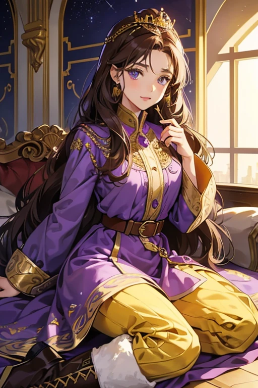 She has purple mountains majesty skin and long coffee-brown hair. She wears a golden tiara, and lime-colored boots and belt. She wears a long-sleeved royal purple dress with a high collar. SPARKLE; GLITTER