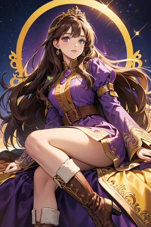 She has purple mountains majesty skin and long coffee-brown hair. She wears a golden tiara, and lime-colored boots and belt. She wears a long-sleeved royal purple dress with a high collar. SPARKLE; GLITTER