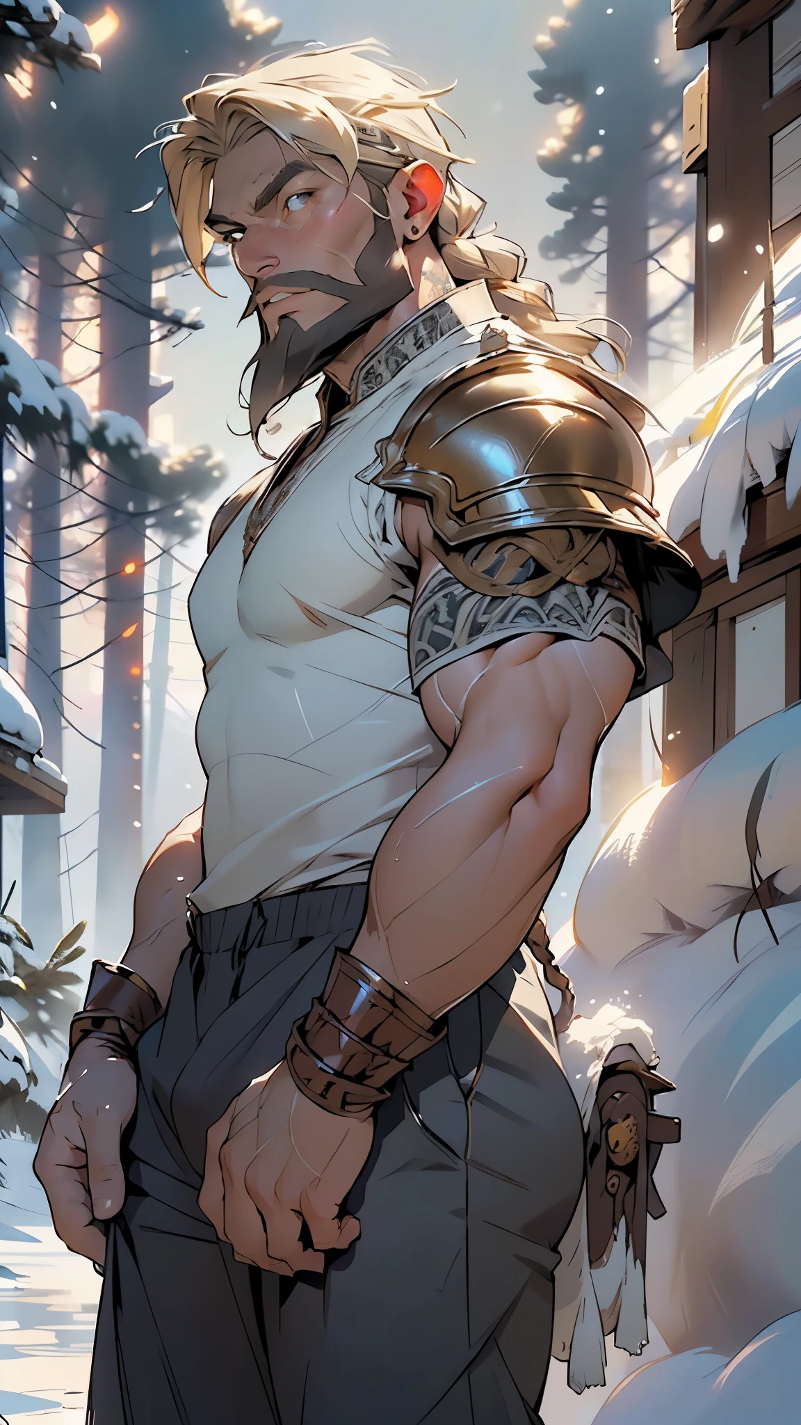 ((Beowulf)), the epic sense, (man:1.5),1 man,male, muscle, (1boy:1.3), muscle, pectoral, muscular,mature man,((epic warrior lord, ancient epic hero)),

(macho man:1.2),

(large pectoral:1.4,),(((long blond braided hair,clean beard))),(((brown_eyes:1.3))),intricate eyes,beautiful detailed eyes,symmetrical eyes,(((lustrous skin:1.5,tanned skin,bright skin: 1.5,skin tanned,shiny skin,very shiny skin,shiny body))),,man chest,handsome face,(((detailed face))),(ABS),a warrior in torn leather, muscular, scarred,  tall, noble, extremely strong,has a muscular body,

nsfw,

A Scandinavian male viking,grizzly, leather armor, animal hide,  hide armor, clothed, druid magic, nature, gorgeous brown eyes, Battle scars all over his body, Earring on his right earlobe,  he has tattoos all over his arms, he has a thick  he’s really tall, he wears a thick tunic and baggy trousers,((bulge in trousers)),((wet clothes,intricate outfit,intricate clothes)),

dynamic pose,looking at viewer,angry,centered,scale to fit dimensions,Rule of thirds,

((snowy viking palace)),winter,scenery:1.25,((intricate scenery)),((snow forest background)),snow everywhere,(snowy viking palace background,snowy pyramids in the background),extremely scenery,(puddles everywhere),clouds,viking style,viking castle,(sunset, golden hour),

(Glossy viking ornaments),highres,sharp focus,(ultra detailed,extremely detailed),(photorealistic artwork:1.37),(extremely detailed CG unity 8k wallpaper),(((vibrant colors,vibrant theme))),(intricate),(masterpiece),(best quality),artistic photography,(photography taken by sldr),(intricate background),perfect rendered face,perfect face details,realistic face,photo realistic,((intricate detail)),(((realism))),
