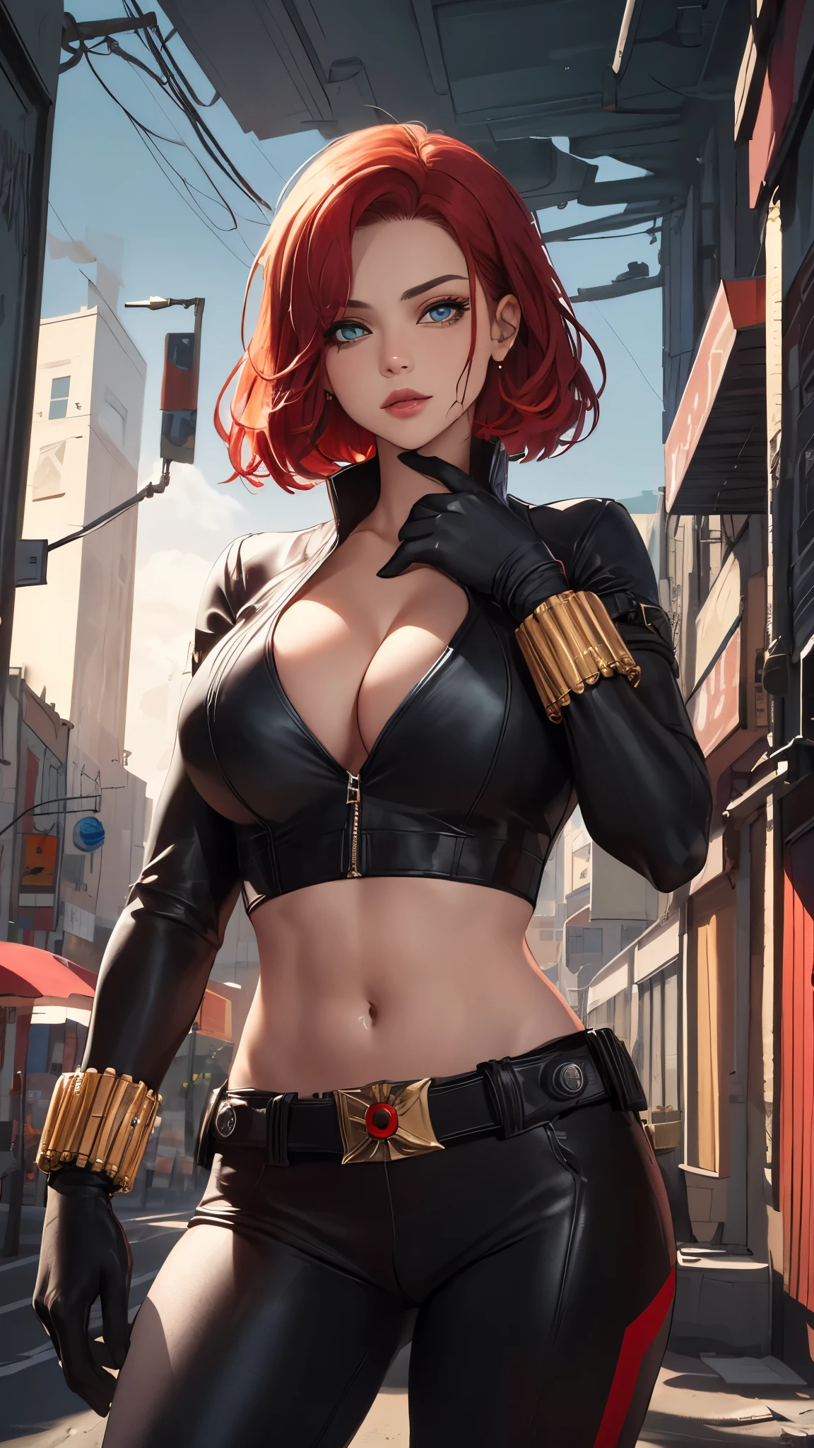 (Highly quality, masterpiece, detailed), city detailed scenario, city detailed background, solo, 1 woman, red hair, black leather cropped top, sleeve, cleavage, black belt, bracelet, black gloves, blackwidow, beautiful eyes, Sexy pose