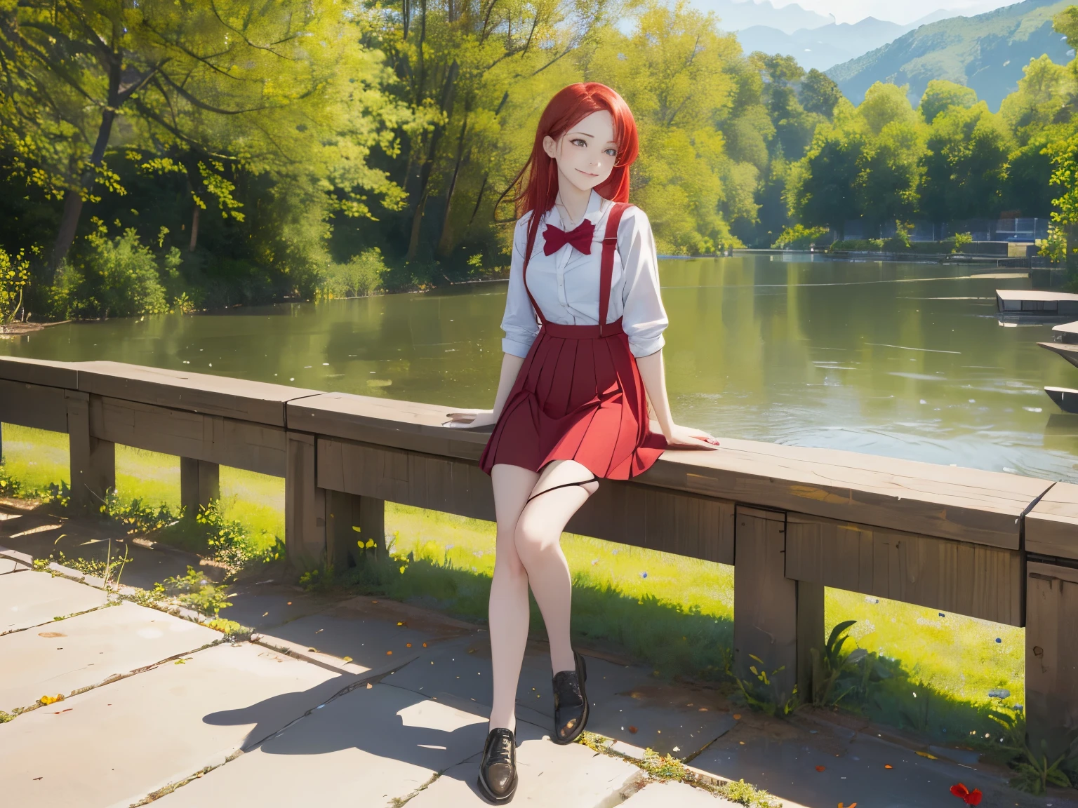 The art of math, (girl, Red_hair, flowers, Loose suspender skirt, cautious smile, cute look), (sit on bench, River in the background, prime time),, author:Daniel Subonitskyjpegman