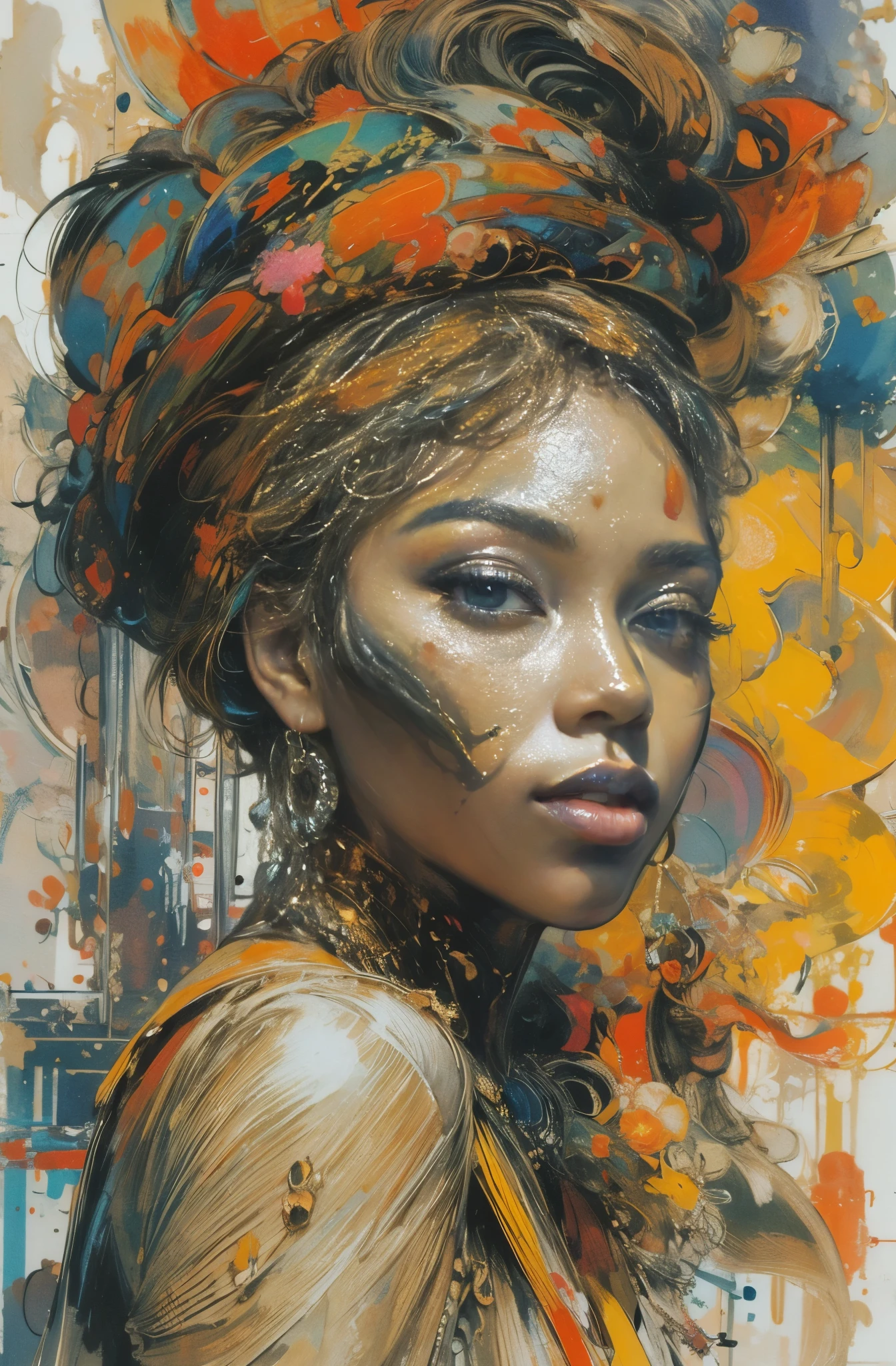 Beautiful Black Woman Painting, pretty much beautiful face, hip hop, soulful, Ultra-detailed paintings inspired by WLOP, Trends on ArtStation, fantasy art, complicated fuss, art of wallop, wallop art, WLOP |, wallop style, beautiful character drawings, Wlop painting style, WLOP | germ of art, Unparalleled Beauty Tumbler, figurative art, intense watercolor, watercolor detailed art, watercolor splash, surreal, avant-garde pop art, Beautiful and expressive paintings, Beautiful artwork illustration, very colorful tones, wonderful, cool beauty, masterpiece, highest quality, official art, women only, sharp outline, best shot, vector art, Written by Sandra Chevrier, dave mckean、By Richard Avedon、Written by Makiezi Kusiala, luminous design