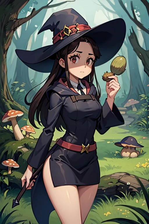 A black haired female witch with brown eyes with an hourglass figure in a conservative witch's uniform is hunting for mushrooms in an enchanted forest