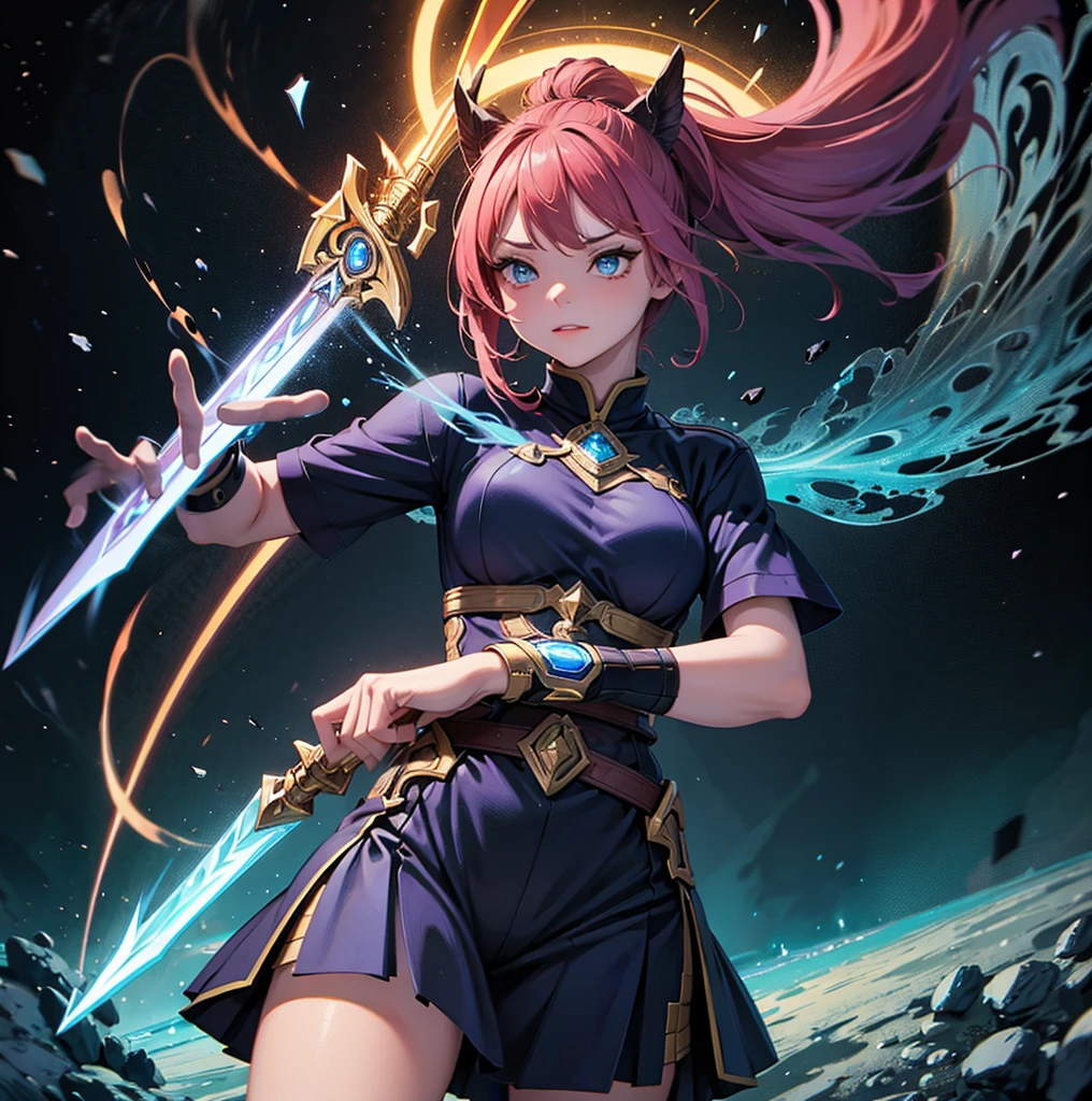 there is a cartoon image of a woman holding a sword, wielding a magical sword, brandishing powerful sword, brandishing cosmic weapon, dramatic wielding sword pose, [ digital art ]!!, brandishing futuristic sword, brandishing a powerful sword, magical sword, holographic blade!, digital art!!, dual wielding two magical swords, with large sword