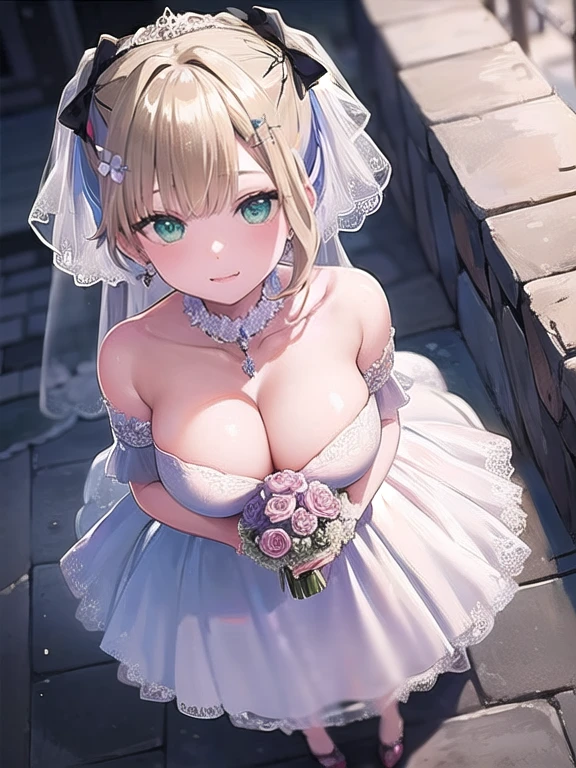 (masterpiece:1.3),((High resolution)),((high quality)),((Super detailed))、1 girl、perfect balance、perfect face、detailed face、cute face、beautiful詳細な目、Expressive eyes、cute eyes、shiny eyes、perfect body、beautiful体、(((Wedding dress)))、off shoulder、marriage、church、marriage式、bride、smile、Walnut noa、short hair、colorful hair、hair ribbon、hair ornament,(big breasts)、(head shot)、embarrassing、blush、beautiful女の子、cute face、beautiful顔、cute face、beautiful、best quality、good anatomy、ornaments ,short hair、colorful hair、hair ribbon、hair ornament、thigh strap、smile、closed mouth、blush、Are standing、From above、(NSFW:1.3), ((full body)),((Super detailedな背景)), mistress pose, ((8k wallpaper)) , smile, blush, outdoor, Day, blue sky, empty, looking at the viewer, moody lighting, face-to-face audience