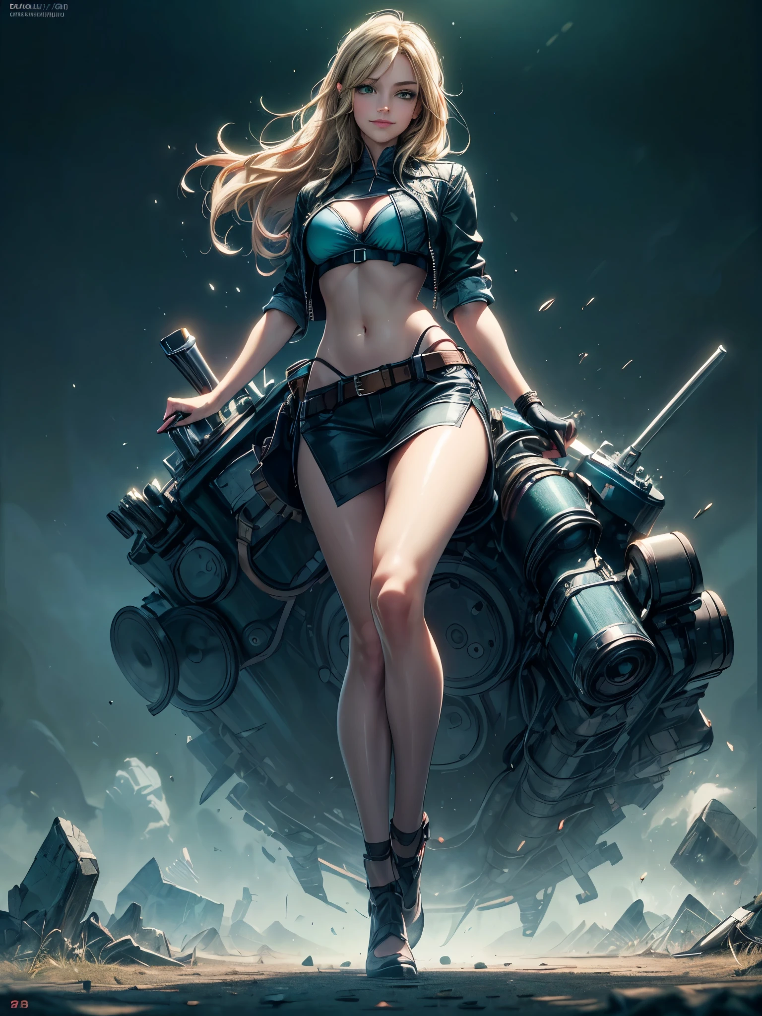 ((wide shot: 1.6)), Unreal Engine: 1.4, CG K ultra-realistic, photorealistic: 1.4, perfectly detailed skin texture: 1.4, ((artwork 1 young woman full body full: 1.5)), ((blonde hair, green eyes, full body lips and a sensual smile:1.5)), punk style hairstyle with shaved side:1.3, tattoos, Gatling gun, box, looking at viewer, pose dynamic and sensual, beating, ammunition belt, gloves, big breasts, shooting, Extremely detailed: 1.4, more detailed, optical mix, fun patterns, animated texture, unique visual effect, pink leather miniskirt, pink jacket, masterpiece, al background an abandoned place with junk, ((colors, cyan, green, pink, brown: 1.2 )), ((8k realistic digital art)), 32k