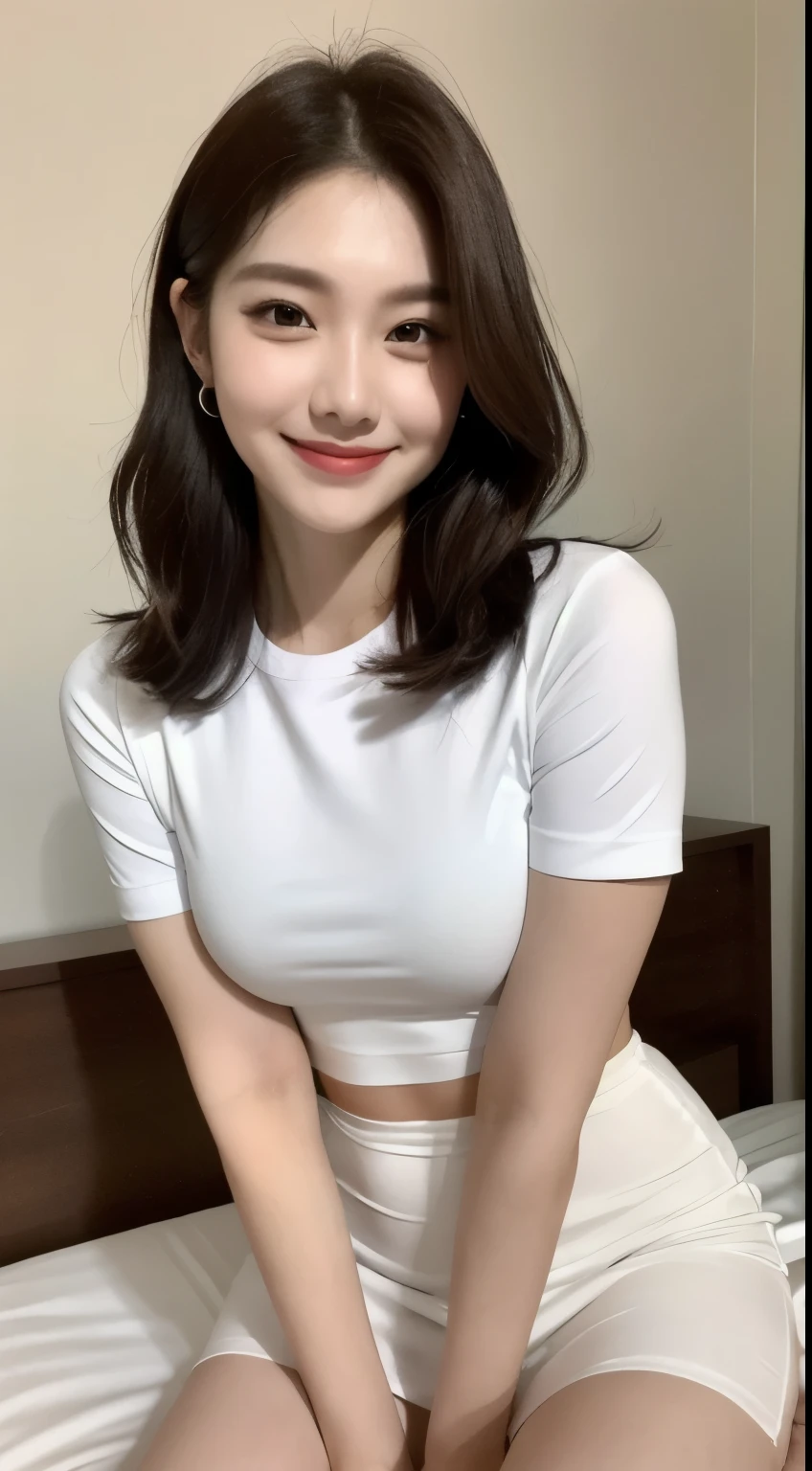 white tight shirt、white tight mini skirt、bed、smile、short sleeve、high resolution、Korean idol face、double eyelid、arms folded