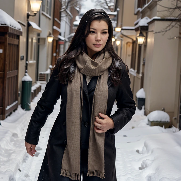 Catherine Zeta-Jones in the snow wearing a coat and scarf