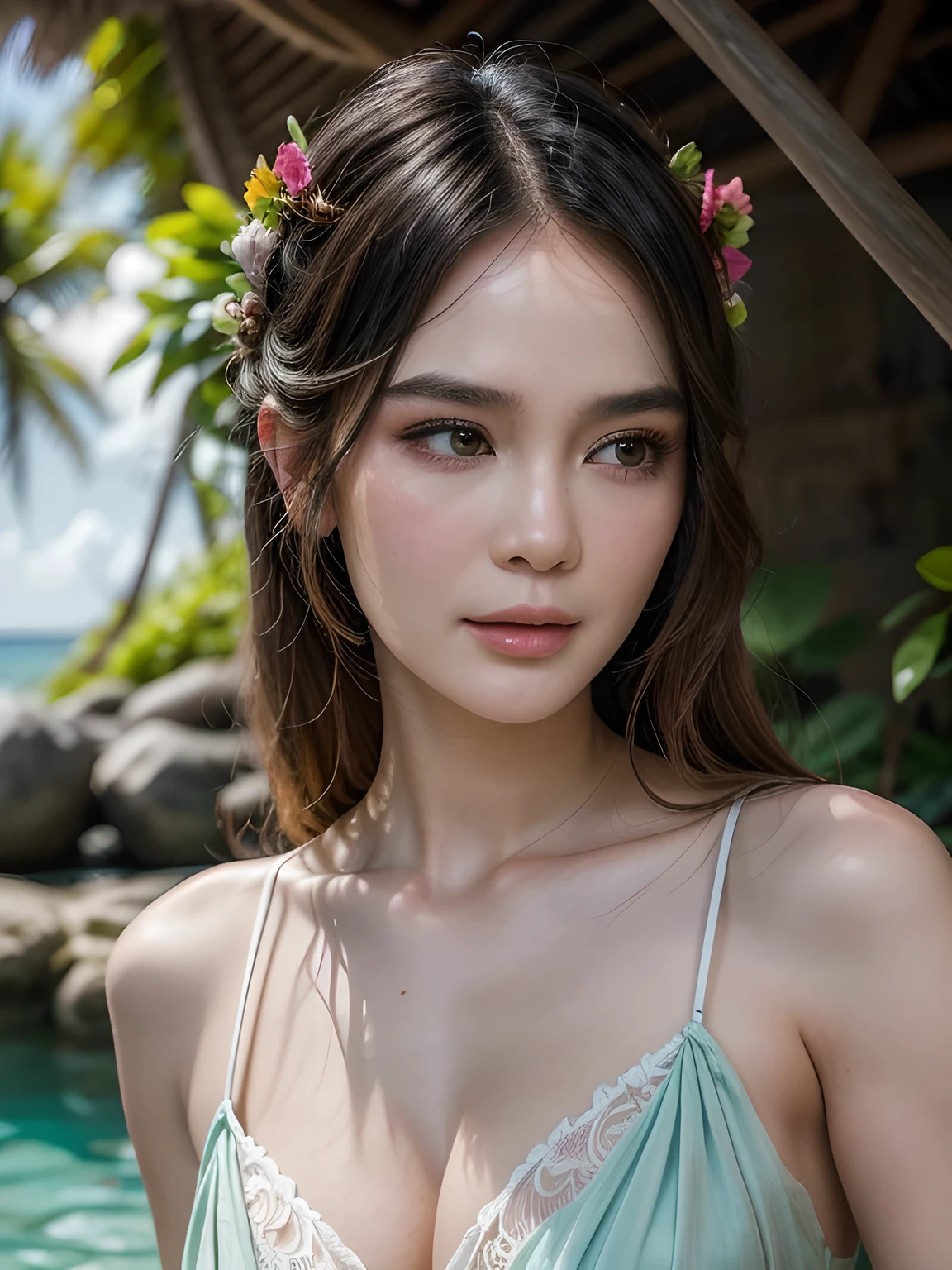 (best quality,4k,8k,highres,masterpiece:1.2), ultra-detailed, (realistic,photorealistic,photo-realistic:1.37), HDR, UHD, studio lighting, extreme detail description, professional, vivid colors, bokeh, portraits, landscape, photography, concept artists, Balinese woman, mature, beautiful detailed eyes, beautiful detailed lips, long eyelashes, exotic beauty, passionate encounter, younger man, sensuality, allure, enchanting surroundings, Bali, tropical paradise, lush greenery, crystal clear waters, vibrant flowers, traditional Balinese architecture, warm sunlight, gentle sea breeze, romantic atmosphere, traditional Balinese costumes, intricate patterns and designs, tender embraces, intense gazes, genuine connection, the sound of waves crashing, colorful sarongs flowing, cultural fusion, harmonious blend of love and nature.