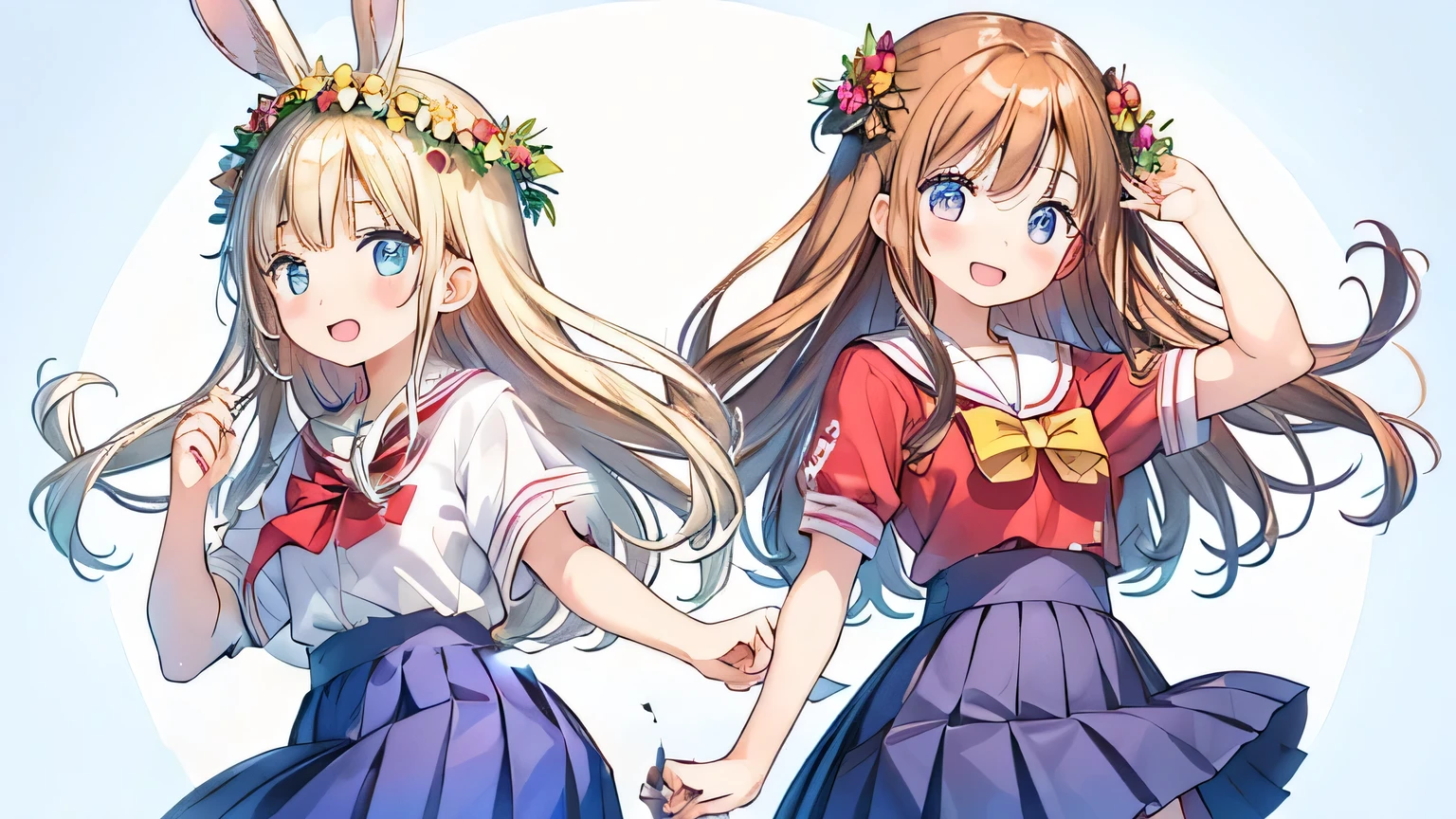 masterpiece，best quality，High resolution，2 girls，big，Long brown hair，wreath on head，bow hair，Red shirt，White sailor collar，white scarf，pleated skirt，Blue skirt，Smile，masterpiece，best quality，high resolution，Blue skirt，white rabbit ears，long blond hair，bow hair，Red shirt，White sailor collar，white scarf，pleated skirt，Blue skirt，open mouth，Waved，Smile，