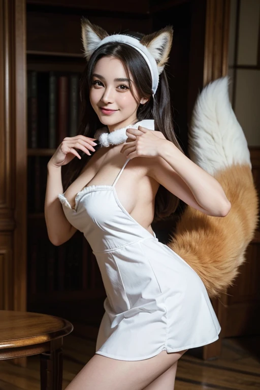 ((highest quality)), ((masterpiece)), (get used to it), perfect face, fox girl, Beautiful woman, public, A tail is growing, she has a fluffy tail, she has a fox tail, she wags her tail, smile, collar, She wears a maid outfit, beautiful hips, big breasts , big tail