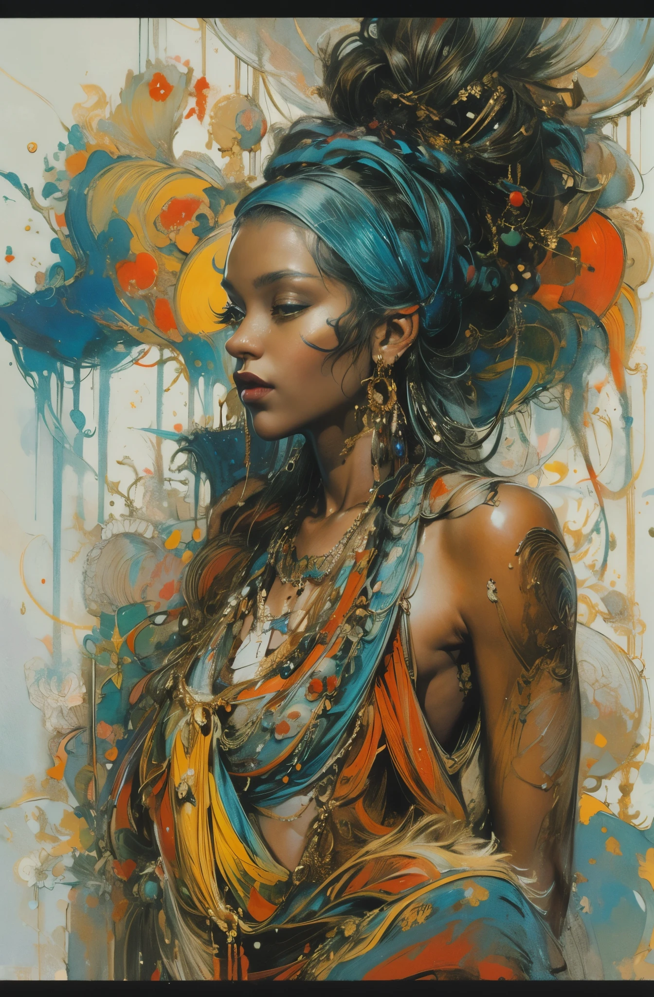 Beautiful Black Woman Painting, pretty much beautiful face, hip hop, soulful, Ultra-detailed paintings inspired by WLOP, Trends on ArtStation, fantasy art, complicated fuss, art of wallop, wallop art, WLOP |, wallop style, beautiful character drawings, Wlop painting style, WLOP | germ of art, Unparalleled Beauty Tumbler, figurative art, intense watercolor, watercolor detailed art, watercolor splash, surreal, avant-garde pop art, Beautiful and expressive paintings, Beautiful artwork illustration, very colorful tones, wonderful, cool beauty, masterpiece, highest quality, official art, women only, sharp outline, best shot, vector art, Written by Sandra Chevrier, dave mckean、By Richard Avedon、Written by Makiezi Kusiala, luminous design
