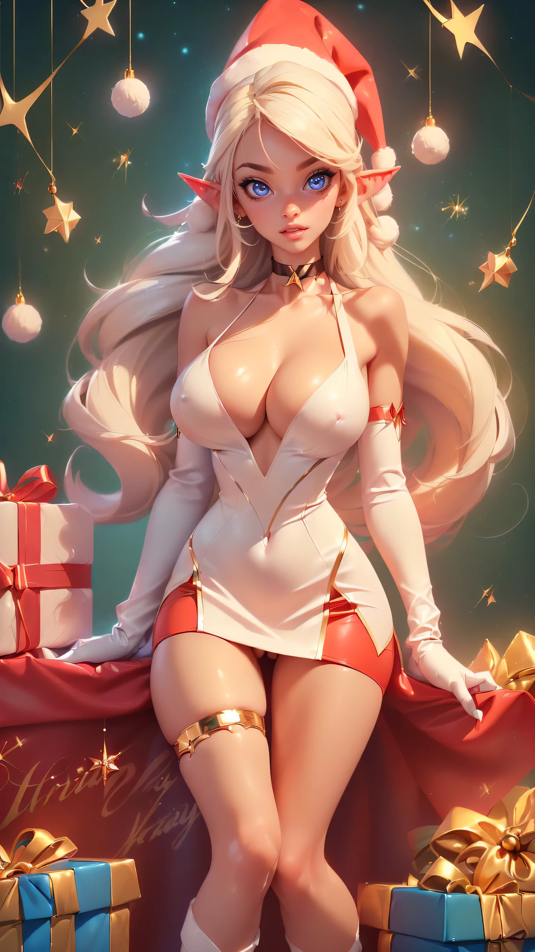 ((sit on floor alongside christmas tree without )) ((tall beautiful female elf santa claus helper)), detailed beautiful face,((Perfect Big bright blue eyes)), ((elf ears)) ((dark eyeshadows make up)) ((bright red lipstick)), ((happy smile)) ((very long Realistic platinum blonde hair with bangs covering one eye)) ((huge beauty shape :1.6)) ((perfect slender body:1.3)) ((wears micro red strappless christmas dress, ((micro short skirt)), gloves and long socks)), (((perfect beautiful   lips))), ((choker, christmas hat)) (( pose)) ((inside photo studio with lights reflectors on her)) ((christmas decoration, many gift box on display)), ((high definition:1.5), ((amazing lights and shadows)) ((masterpiece:1.5))((8k:1.5)) ((Best quality:1.4)), sharp focus, Extremely Realistic, high resolution, 8k.