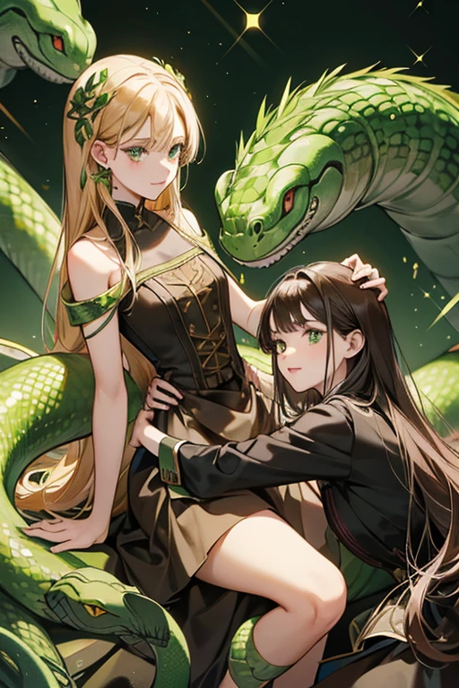 Life takes the appearance of two green snakes twirled around each other, one a darker color than the other. The snakes heads meet up and look directly at each other almost always, even when she speaks. Both the snakes have yellow, cat-like eyes with a red pupil. Her right leg is a darker green than her left, similar, her left arm to her right, proposing each snake is protruding an arm and a leg each. She wears a chocolate colored dress consisting of two brown ribbons with a golden stripe in the middle, twisting around her, and covering her from the knees to her shoulders. SPARKLE; GLITTER