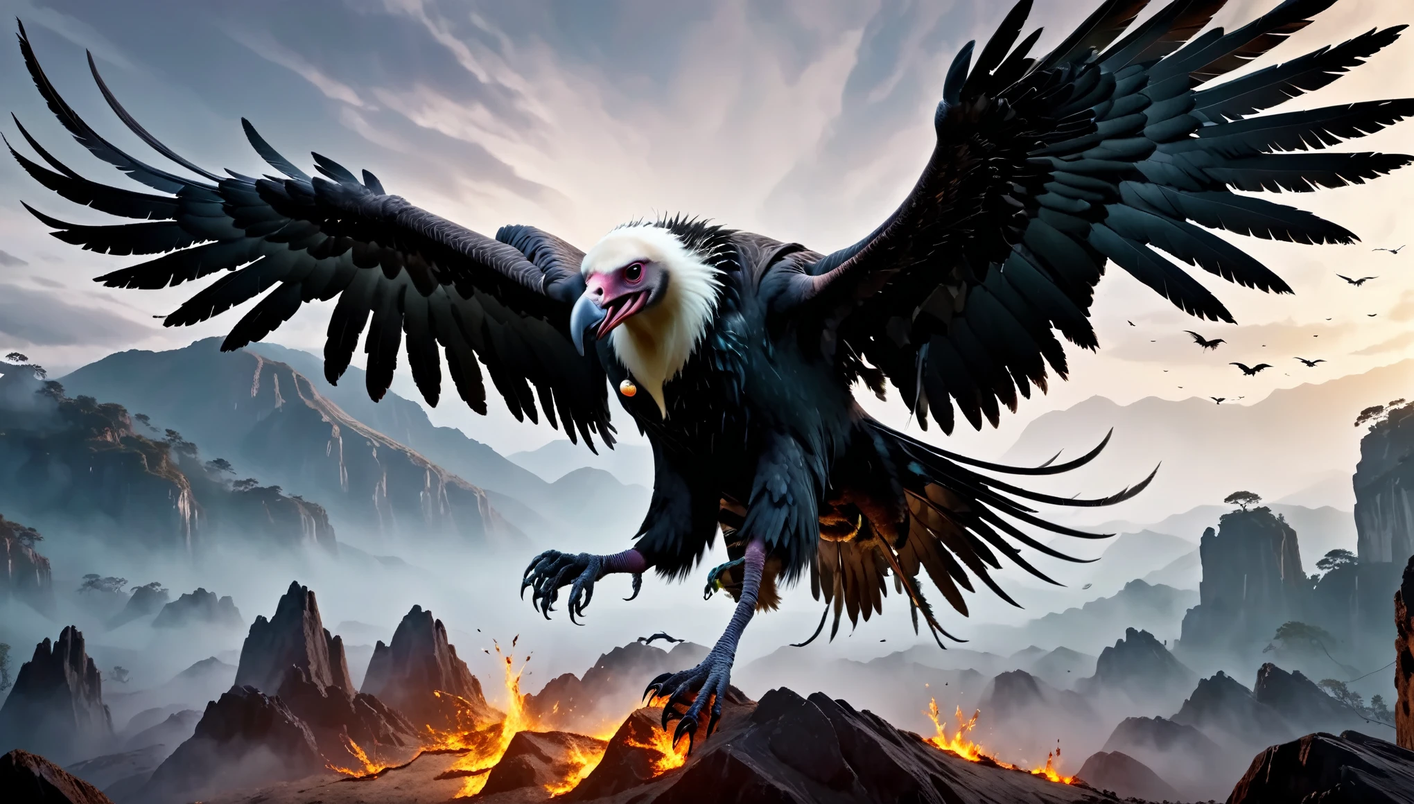 (master piece), 8k, best quality, giant vulture two meters tall with open wings four meters wide, sharp legs, swooping attack.