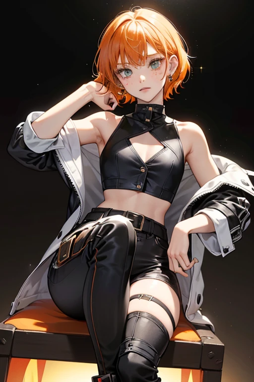 masutepiece, best qualtiy, Extremely detailed, Goth Russian girl at the party, Black crop top, spiked collar, Black lips, Colored ingrown hair, Black leather jacket, Black leather shorts, Black leather boots, Piercing, Navel, sofa, Sitting, ((Spread legs)),nightclubs, ((Looking at Viewer)), Full body shot, Small breasts,(((underboob)),