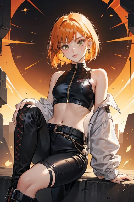  Destiny is a mid-tenge  with light brown skin, a two-toned orange hair bob-cut, freckles, and two silver piercings on her left ear.

Her attire consists of a black one-piece romper, with a white shirt with torn sleeves over it, and a spiked belt. A spiked bracelet on her left wrist and a skull knee pad on her left knee. She wears red boots with steel soles and toecaps. While living in Fionna-World, her attire now consists of a black skull crop-top, plaid button-up jacket, and black pants. SPARKLE; GLITTER