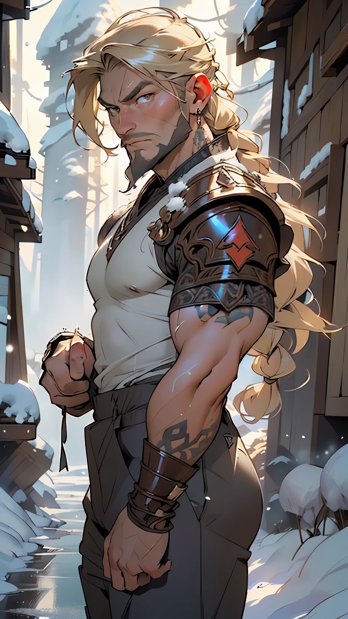 ((Beowulf)), the epic sense, (man:1.5),1 man,male, muscle, (1boy:1.3), muscle, pectoral, muscular,mature man,((epic warrior lord, ancient epic hero)),
(macho man:1.2),
(large pectoral:1.4,),(((long blond braided hair,clean beard))),(((brown_eyes:1.3))),intricate eyes,beautiful detailed eyes,symmetrical eyes,(((lustrous skin:1.5,tanned skin,bright skin: 1.5,skin tanned,shiny skin,very shiny skin,shiny body))),,man chest,handsome face,(((detailed face))),(ABS),a warrior in torn leather, muscular, scarred, tall, noble, extremely strong,has a muscular body,
nsfw,
A Scandinavian male viking,grizzly, leather armor, animal hide, hide armor, clothed, druid magic, nature, gorgeous brown eyes, Battle scars all over his body, Earring on his right earlobe, he has tattoos all over his arms, he has a thick he’s really tall, he wears a thick tunic and baggy trousers,((bulge in trousers)),((wet clothes,intricate outfit,intricate clothes)),
dynamic pose,looking at viewer,angry,centered,scale to fit dimensions,Rule of thirds,
((snowy viking palace)),winter,scenery:1.25,((intricate scenery)),((snow forest background)),snow everywhere,(snowy viking palace background,snowy pyramids in the background),extremely scenery,(puddles everywhere),clouds,viking style,viking castle,(sunset, golden hour),
(Glossy viking ornaments),highres,sharp focus,(ultra detailed,extremely detailed),(photorealistic artwork:1.37),(extremely detailed CG unity 8k wallpaper),(((vibrant colors,vibrant theme))),(intricate),(masterpiece),(best quality),artistic photography,(photography taken by sldr),(intricate background),perfect rendered face,perfect face details,realistic face,photo realistic,((intricate detail)),(((realism))),