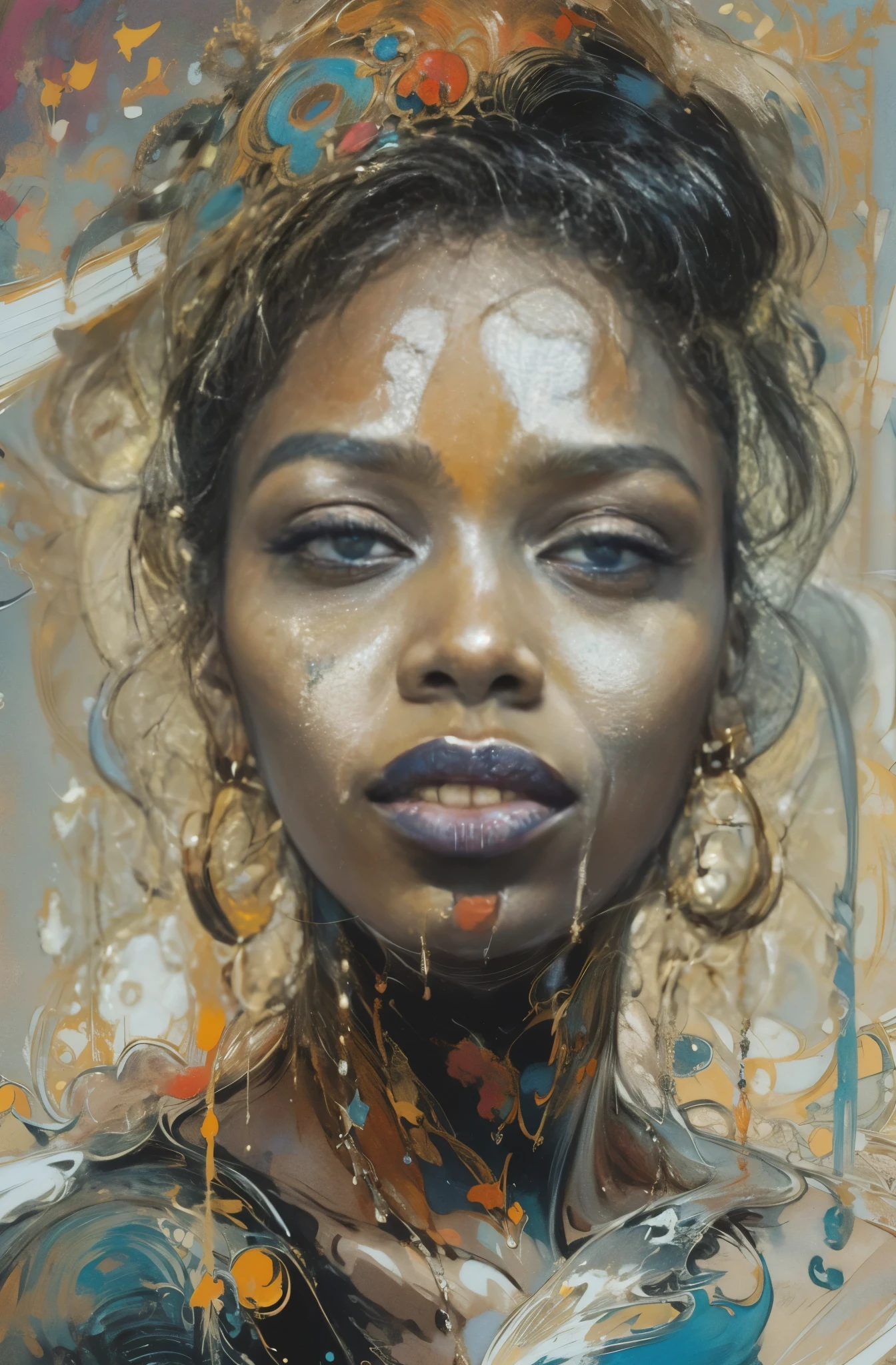 Beautiful Black Woman Painting, pretty much beautiful face, hip hop, soulful, Ultra-detailed paintings inspired by WLOP, Trends on ArtStation, fantasy art, complicated fuss, art of wallop, wallop art, WLOP |, wallop style, beautiful character drawings, Wlop painting style, WLOP | germ of art, Unparalleled Beauty Tumbler, figurative art, intense watercolor, watercolor detailed art, watercolor splash, surreal, avant-garde pop art, Beautiful and expressive paintings, Beautiful artwork illustration, very colorful tones, wonderful, cool beauty, masterpiece, highest quality, official art, women only, sharp outline, best shot, vector art, Written by Sandra Chevrier, dave mckean、By Richard Avedon、Written by Makiezi Kusiala, luminous design
