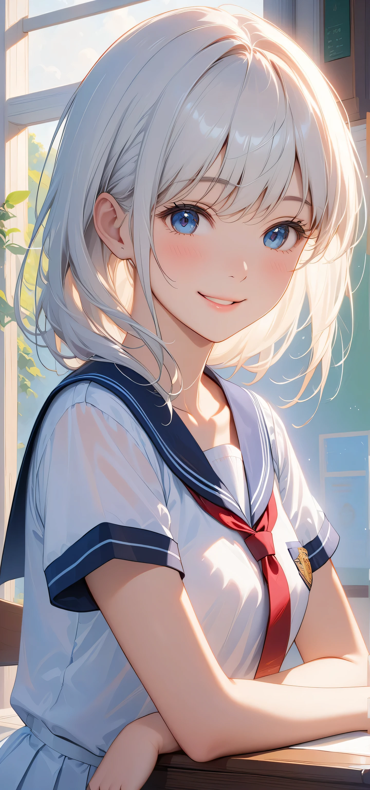 masterpiece, top quality, Super details, 8K, Detail lights, Detailed shadows, raw, (delicate skin), (real: 1.2),, 1 girl, white hair, short sleeve school uniform，Eye close-up，in the school，flat chest，Smile，Positive face，Face the screen