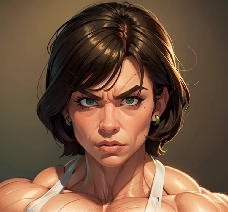 (masterpiece:1.2), (best quality), (ultra detailed), (8k, 4k, intricate),(full-body-shot:1), (highly detailed:1.2),(detailed face:1.2), (detailed background), muscle woman with dark hair, woman with huge muscles, stern expression, green eyes