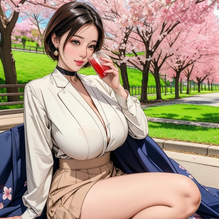 A woman drinking sake while enjoying cherry blossom viewing in a park with cherry blossoms in full bloom and petals just starting to fall, In a park rich in nature、plant, (((Masterpiece of sexy pose))), ((highest quality)), ((Complex)), ((surreal)), stupid reply, mature woman, mature woman, perspective, very detailed, shape, 3 girls, ((big breasts)), perfect hands, finger details, fine and beautiful eyes, short hair, brown eyes, chief executive officer（chief executive officer（CEO）, (business suit:1.2), open office shirt, Tight Skirt, black choker, earrings, stockings, detailed background, perfect eyes, enchanting eyes, looking at the viewer, From above, I spread a plastic sheet under a cherry tree and sat with my legs crossed., blushing cheeks, Scene of a fun party with female friends