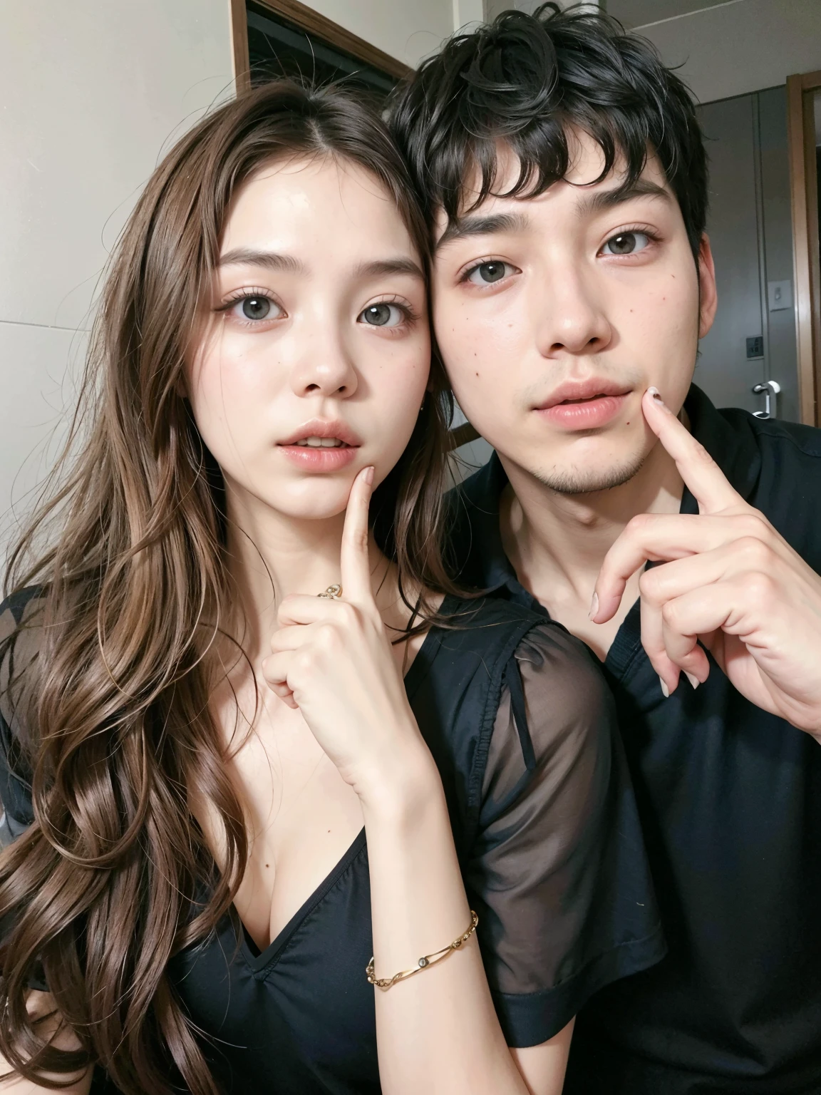 hay un hombre y una mujer posando juntos para una foto, ulzzang, yanjun chengt, pareja adorable, maquillaje popular de corea del sur, pose de pareja, 1 7-year-old boy with a thin face, ruan jia and fenghua zhong, 8k selfie photography, cara hermosa y cara hermosa, maquillaje coreano popular, ruan jia and brom