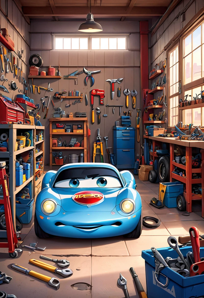 create an illustration of a workshop, sem pessoas ou carros, empty workshop in the disney pixar style from the film disney cars illustration of a mechanic workshop that on the wall on the left side has several tools in the foreground and on the floor there are some tools in the foreground. Como chave de Boca, Alicate, chave de roda. Apresenta desfoque progressivo da esquerda para a direita.