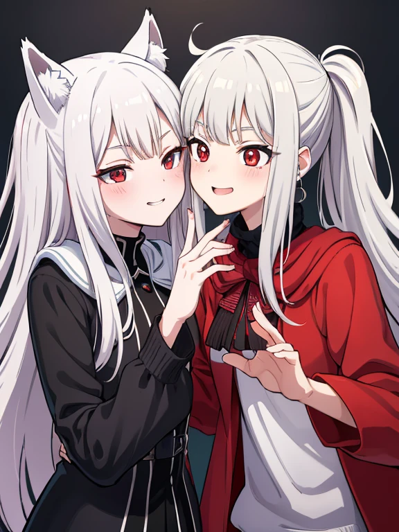 red eyes,details:1.5,(best quality,8k,highres,masterpiece:1.2),ultra-detailed, Foxy boy:1.1, with grey hair,evils smile,casual clothes,Foxy girl:1.1, with silver hair, sonrisa verdadera, feminine,blushing cheeks,near kiss