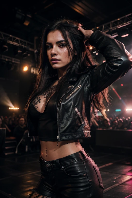 (best quality,highres,realistic:1.37), girl with long flowing hair,body covered in metallic tattoos, wearing a black leather jacket and ripped jeans, standing on a stage in a dimly lit concert hall, surrounded by flashing lights and smoke. She holds a microphone in one hand and sings with a powerful voice, captivating the audience. The stage is filled with electric guitars and drums, amplifiers blasting heavy metal music. The crowd is wild and energetic, headbanging and pumping their fists in the air. The atmosphere is electric, with sparks flying and strobe lights illuminating the scene. The girl's eyes are mesmerizing, with intense gaze and smoky eye makeup. The tattoos on her body glow with a metallic sheen, reflecting the colorful lights. In the background, there are fire effects and pyrotechnics, adding to the intense and fiery atmosphere. The overall color tone of the image is dark and edgy, with shades of black, silver, and vibrant neon colors. This artwork captures the essence of the girl's passion for metal music and showcases her fierce and beautiful spirit.
