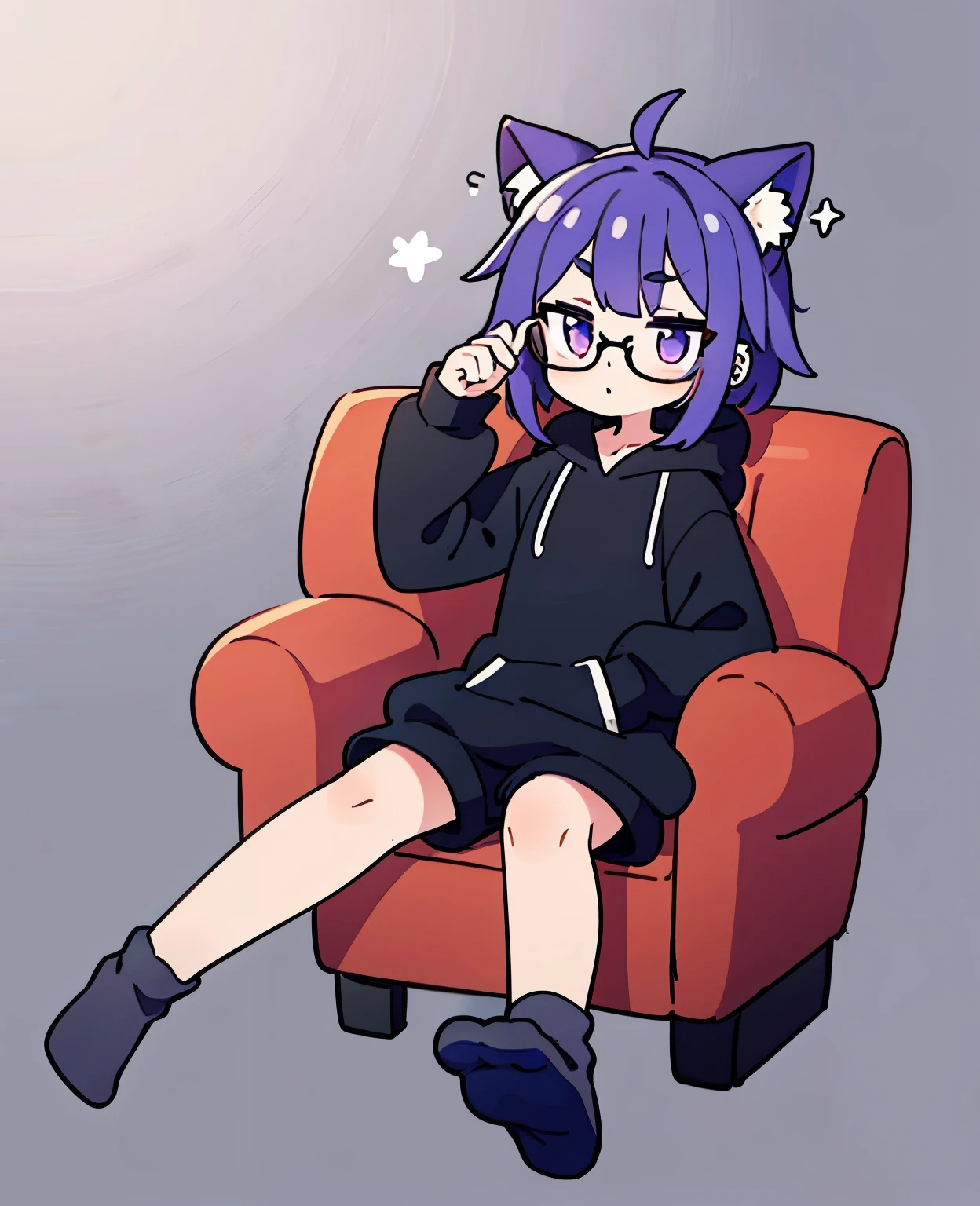 ((masterpiece)), (best quality), (ultra-detailed), photorealistic, (best illustration), ((an extremely delicate and beautiful)), 1boy, solo, medium hair, lilac cat ears, lilac hair, [:lilac cat tail under:0.2], full body, very young, Cute, angry, eating muffin, territorial, hiding food from viewer, purple eyes, shortstack, ???, Crumbs on cheeks, glasses, serious face, boyish face, young boy, shirt and pants, oversize clothes, lazy. 