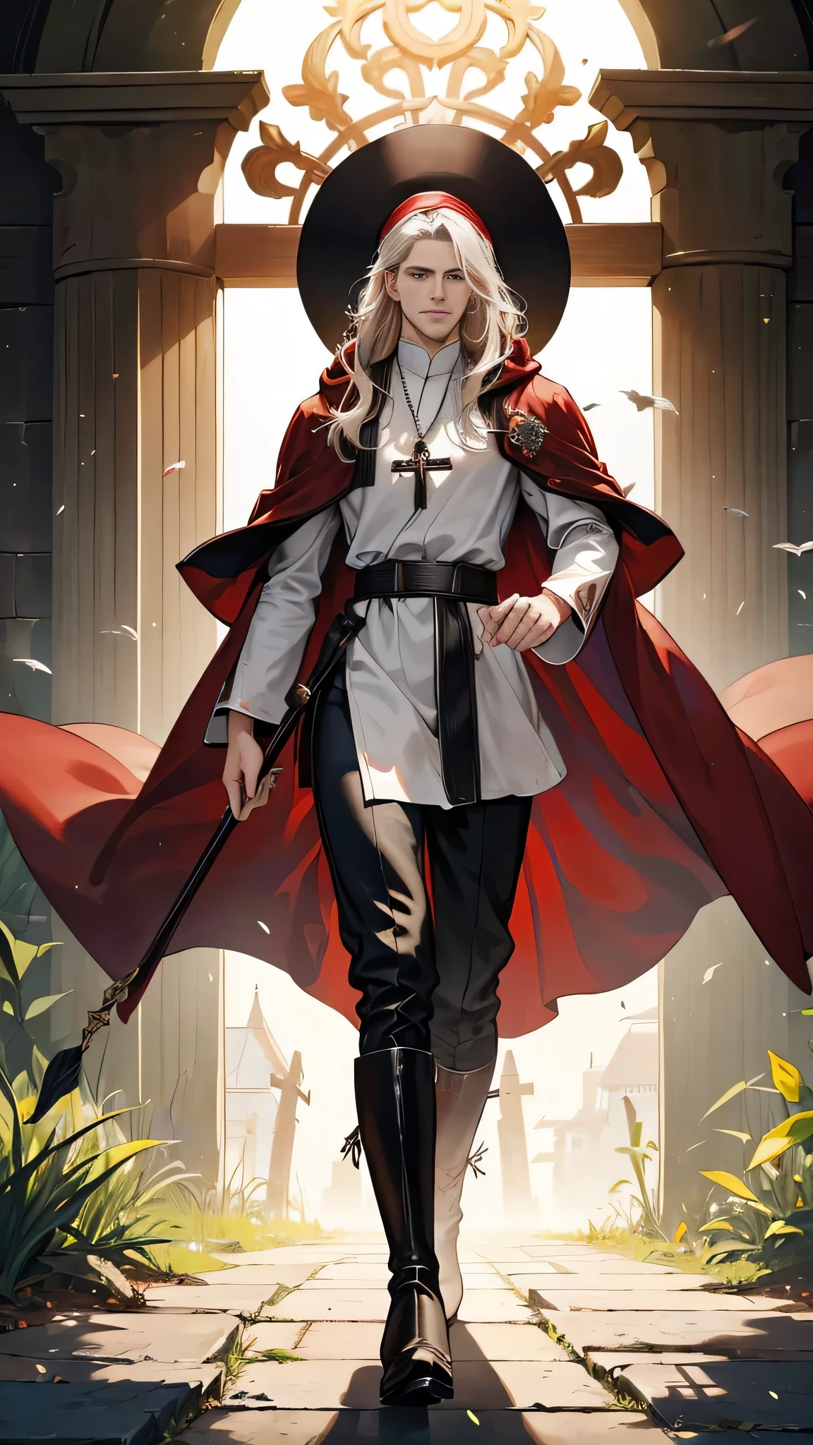(((((male))))), masterpiece, ultra detailed, 8K Portrait, Raw photo, man's portrait photography, full body, Highly detailed face, ((Fantasy)), 83 years old, 1 man, white long wavy hair, beard, ((Priest)), wood necklace, clergy hat, (((long cloak))) fluttering in the wind, (((dark dull red oversized Priest robe))), (leather pants), (((low boots))), ((holding long wood staff)), In the garden of the medieval magic school, Midday Sun, Hyper realistic, Ambient lighting, Shadow details , Camera focus on face, strong breeze, Light fog