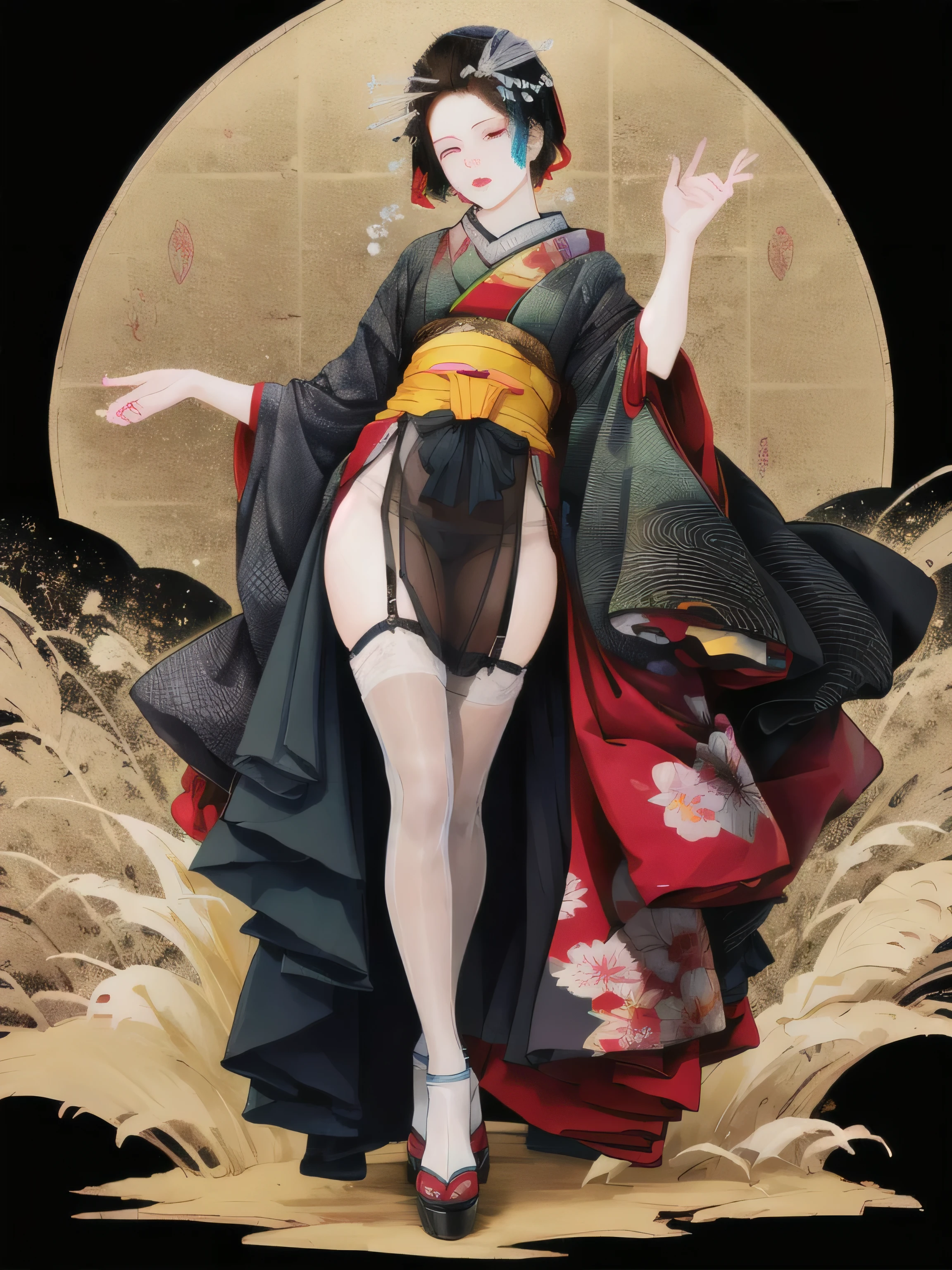 looking at the viewer,Open Crotch See-Through,Black face veil , black nylon , silk stockings ,See-through hakama、Transparent black kimono ,sheer lingerie,enamel high heels,pearl necklace,red collar,straight, shortcut, hair ornaments, kimono ,meiji