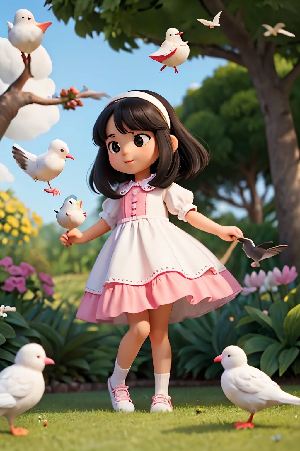 a photo of Queen Nuray Sama, a 6-year-old girl, white, with long black hair, black eyes, short-sleeved pink dress, white socks, white sneakers, ((playing with birds)) in a beautiful garden