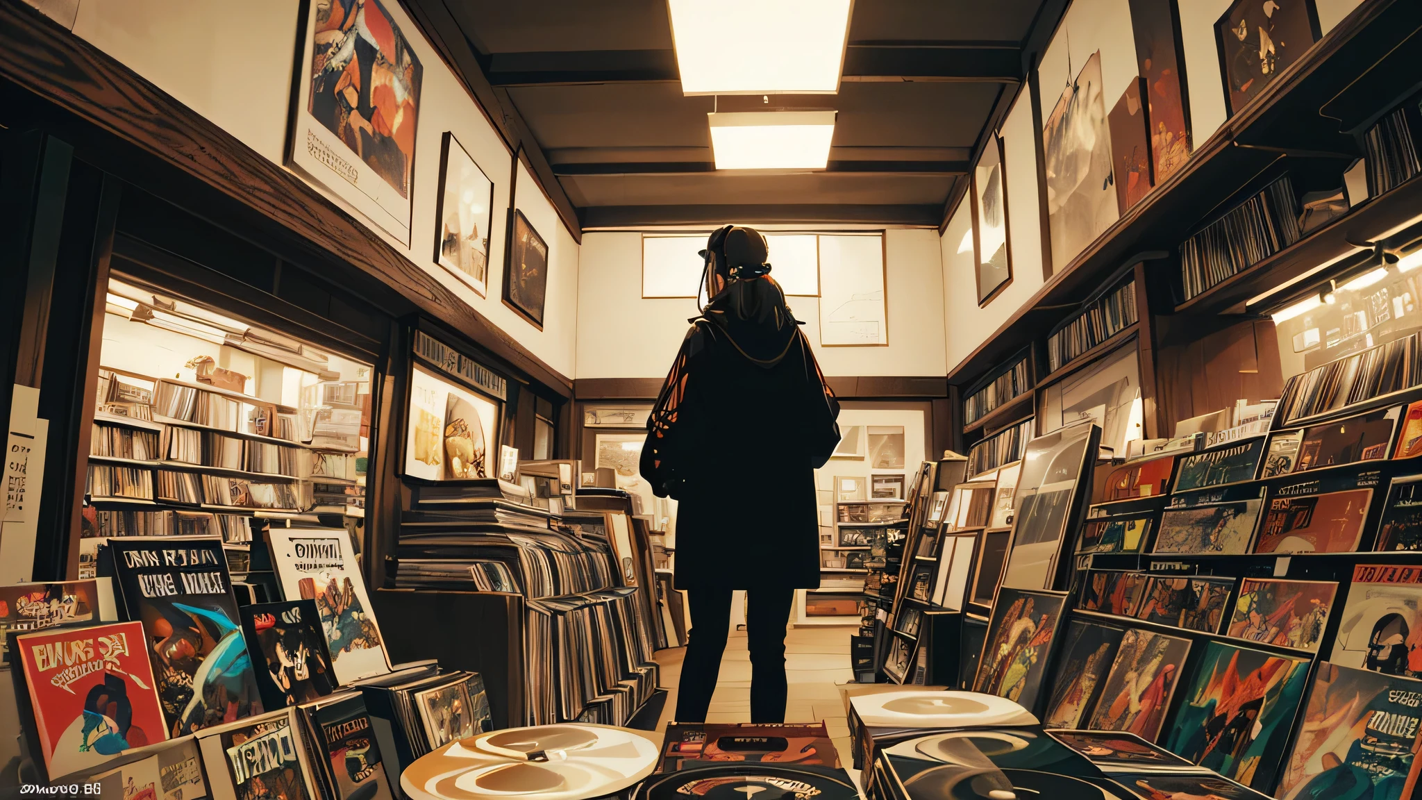 Back view shot of a woman listening to music on headphones, Text Why You?, Super detailed, retro waves, cyber punk, sad atmosphere, night light through the window, night vibes, room, 2D, (long shot), wide shot, (noise film), old comics, (lots of records:1.3), vinyl record shop, (masterpiece, highest quality, highest quality, official art, beautiful and aesthetic: 1.2), (very detailed, (fractal art: 1.4), guitar, (Note: 1.4), ( lo fi hip hop), Side view, old anime texture, alone, speaker, cyber punk, vinyl, night
