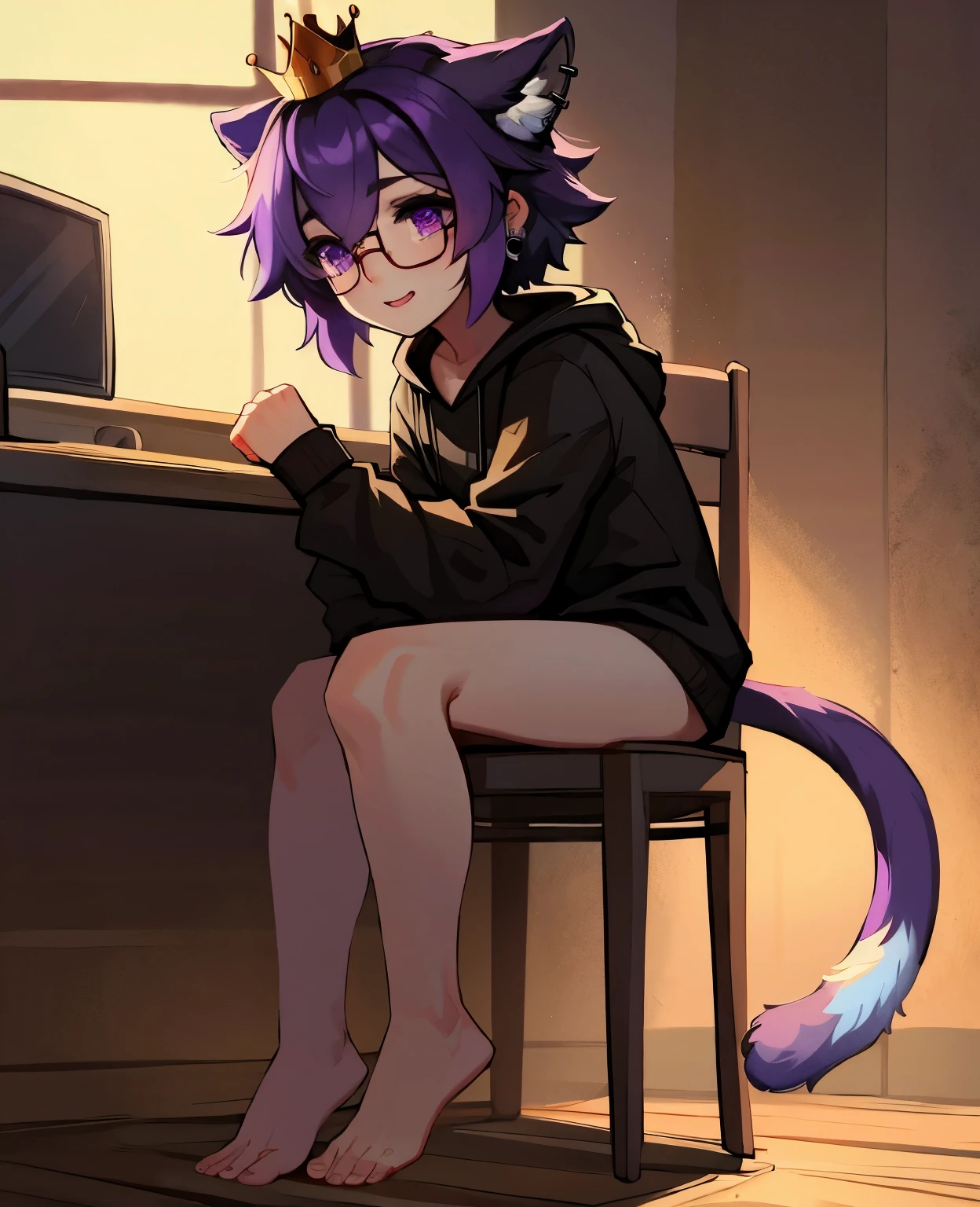 (masterpiece:1.2),(anatomically correct:1.1), high quality:1.3, (((solo male anthropomorphic))) kemono furry_transformation wolf fursona,1 wolf boy, gray fur, (wear black glasses:1.2), grass grey eyes, (yellow nose),white hands paws, white feet, canine hands, (detail canine feet:1.2),4 toes, black beans, detail beans,, ((1boy)),[digital painting \(artwork\)::0.8],boy, (solo:1.3),  4 toes, canine feet, reflection, countershading, (motion lines:1.1),collar, pant,crystal Purple hair, long hair