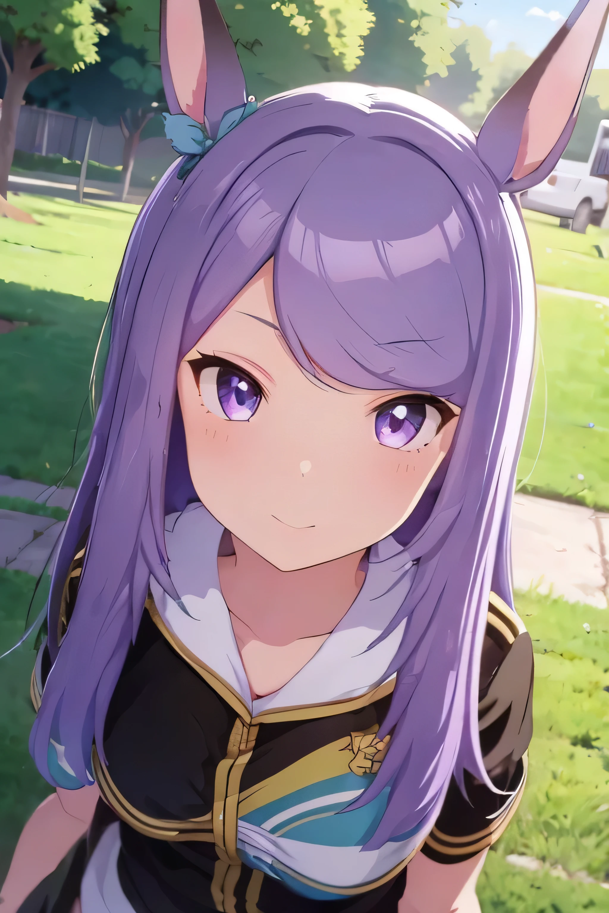 anime style illustration, highest quality, girl 1, solo, close up of face, A walk, looking at the camera, garden, smile, field, young girl, purple hair, long hair, horse ears, shame, shyness, dye one&#39;s cheeks, Slim body, thighs