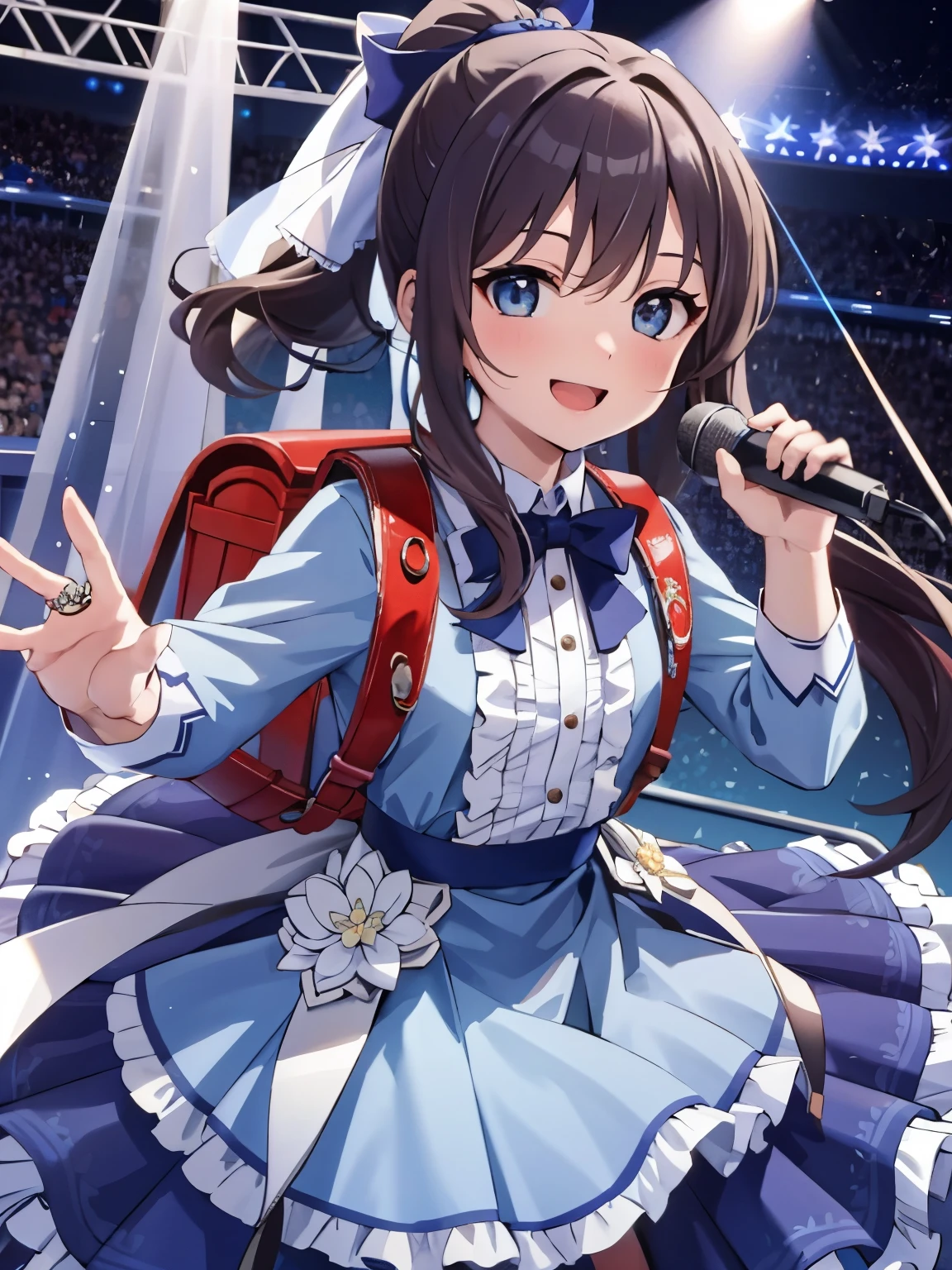 masterpiece, best quality, high resolution, extremely detailed, detailed background, cinematic lighting, 1girl, looking at viewer, blue dress, brown hair, brown eyes, long hair, ponytail, blue hair ribbon, singing, singer, smile, opened mouth, holding microphone, music concert, stage, wear dress, idol dress, wearing randoseru backpack, (backpack:1.1), standing, fullbody, brown hair, blue eyes