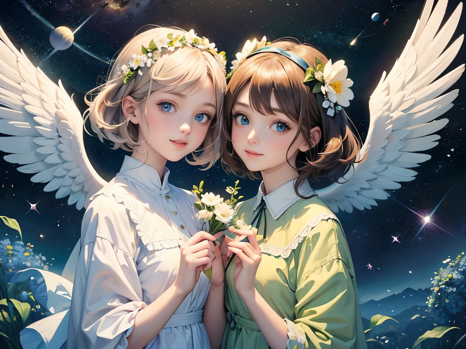top quality, pastel painting, gentle atmosphere, Twin girls angel, Lovely, white wings, smiling happily, Short brown hair of different colors, one with blue eyes, one with green eyes, clothes of different colors, flower hair accessories, Upper body, looking at the audience, space, meteor, Light,