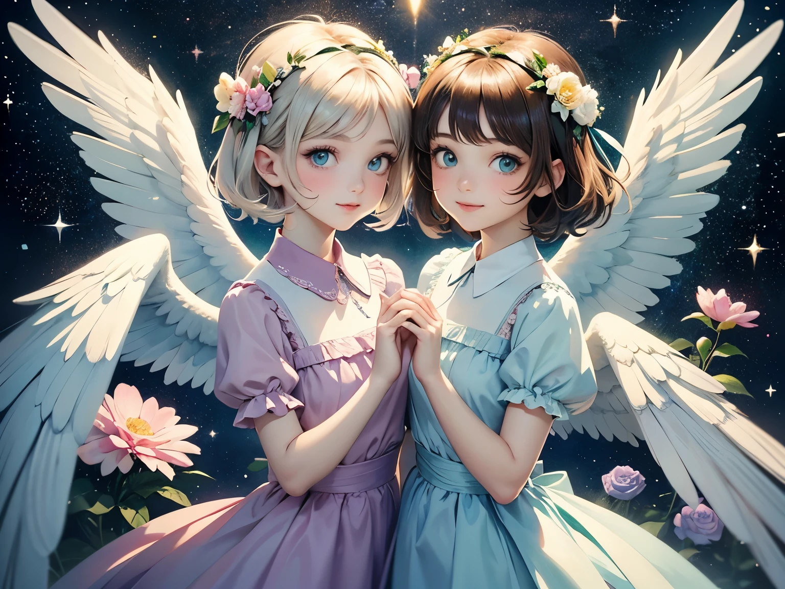 Cute angel boy and cute angel boy、Two people holding hands、Lots of hearts