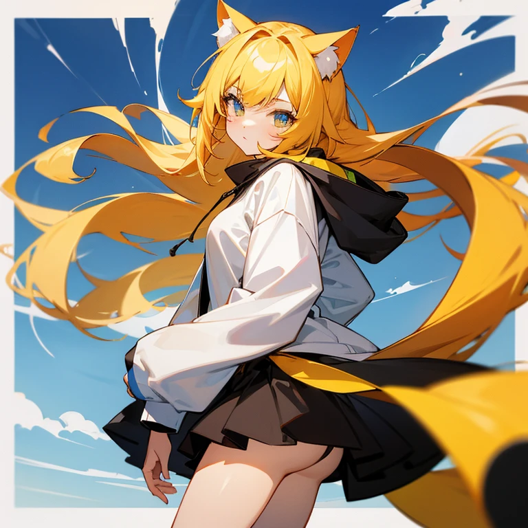 Anime girl with cat ears, cat tail, yellow hair, long hair, wearing a hoodie and a dress