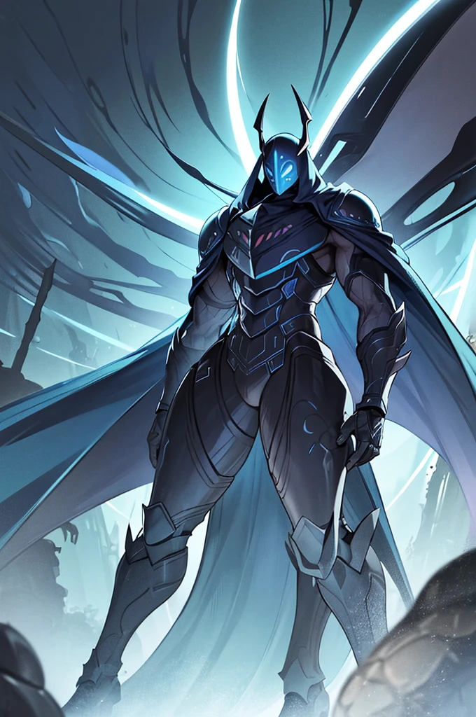 an appearance of an insectoid warrior but with more marked features like a footballer, You also have completely black skin and a shell-shaped helmet that covers your head., hiding his face and giving him a mysterious look. Lleva una capa azul y mide 190 cm de hollow Knight 