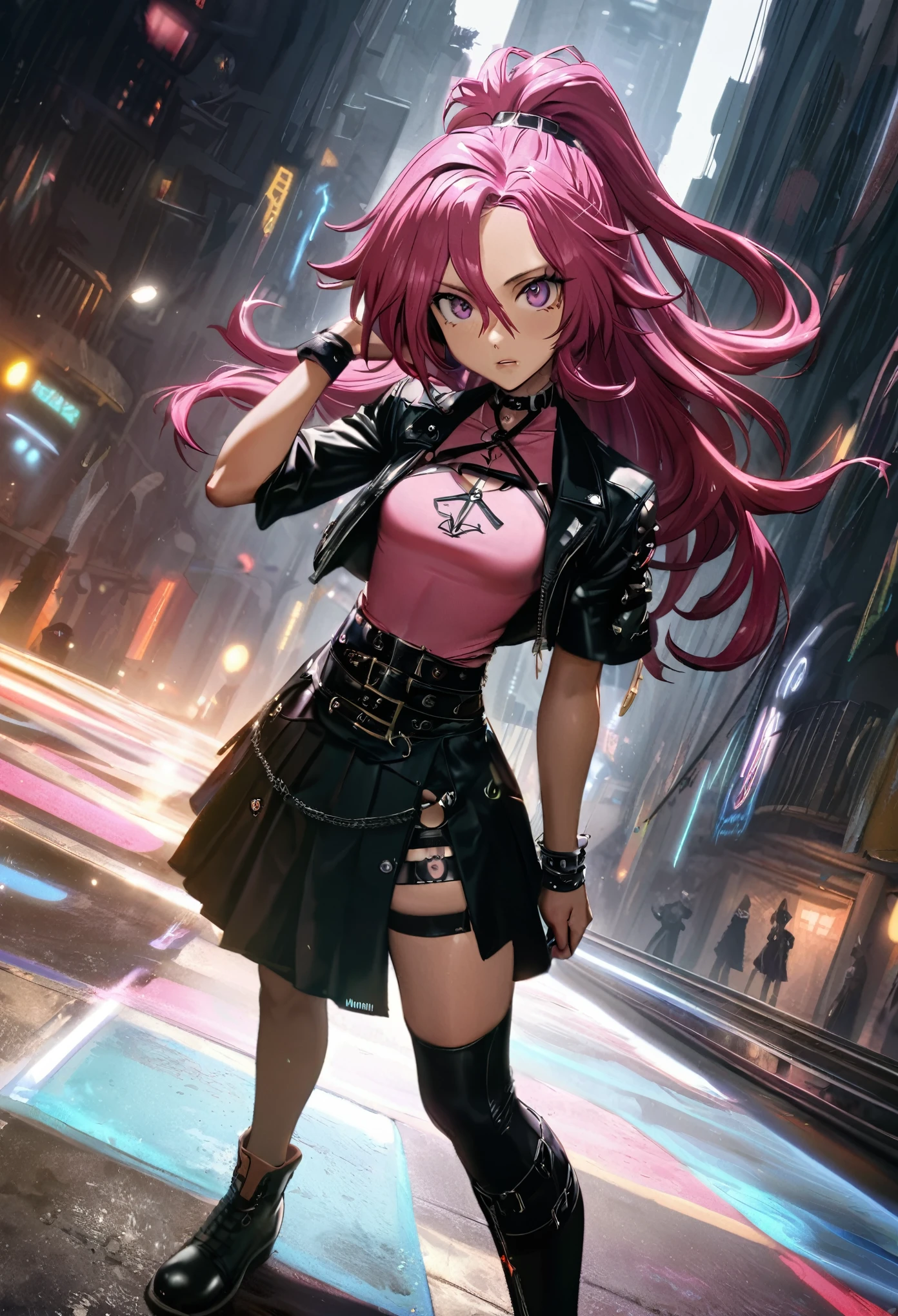 1 menino, foco masculino, cybergothic, estilo sexy,  long hair,  cabelo gradiente,  cabelo em dois tons, cabelo multicolorido, cabelo roxo,  cabelo rosa,  cabelo verde,  delineador, gothic pink top, kilt branca, coxas grossas, ao ar livre, cybergothic city scene,  apenas, rembrandt lighting,  dutch angle,  Perspectiva de 4 pontos, Earth-QualityPos anime.