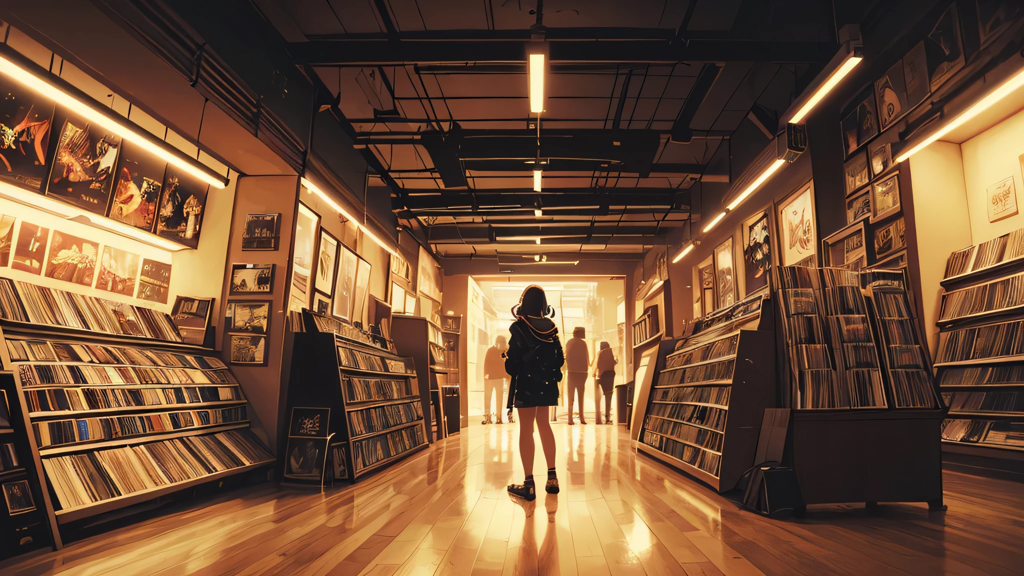 Back view shot of a woman listening to music on headphones, Text Why You?, Super detailed, retro waves, cyber punk, sad atmosphere, night light through the window, night vibes, room, 2D, (long shot), wide shot, (noise film), old comics, (lots of records:1.3), vinyl record shop, (masterpiece, highest quality, highest quality, official art, beautiful and aesthetic: 1.2), (very detailed, (fractal art: 1.4), guitar, (Note: 1.4), ( lo fi hip hop), Side view, old anime texture, alone, speaker, cyber punk, vinyl, night